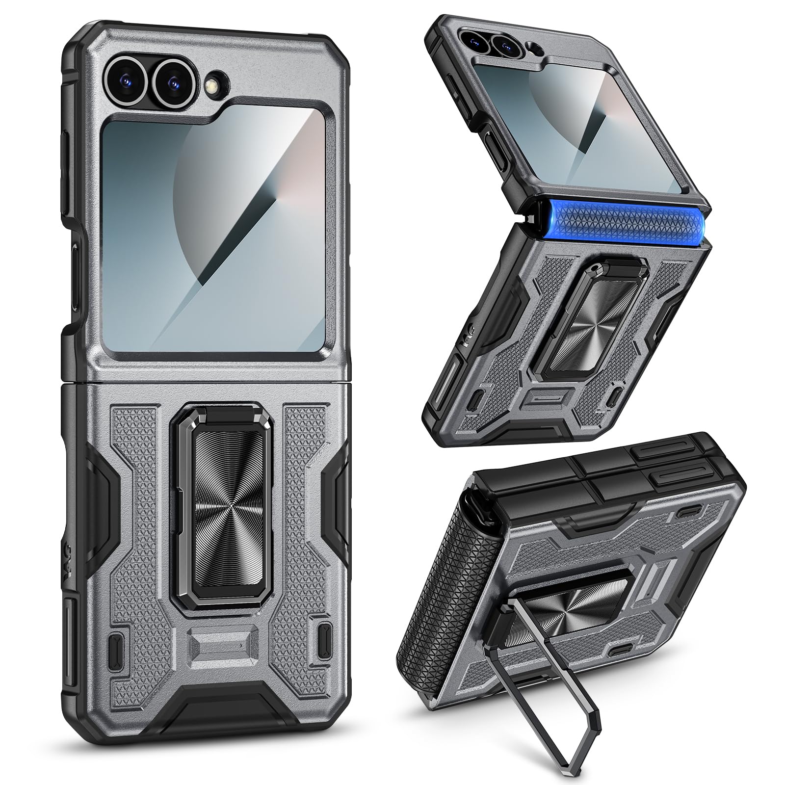 VEGO Phone Case for Z Flip 6 with Screen Protector, Full-Body Hinge Protection & Adjustable Ring Kickstand Shockproof Case for Samsung Flip 6 2024 -