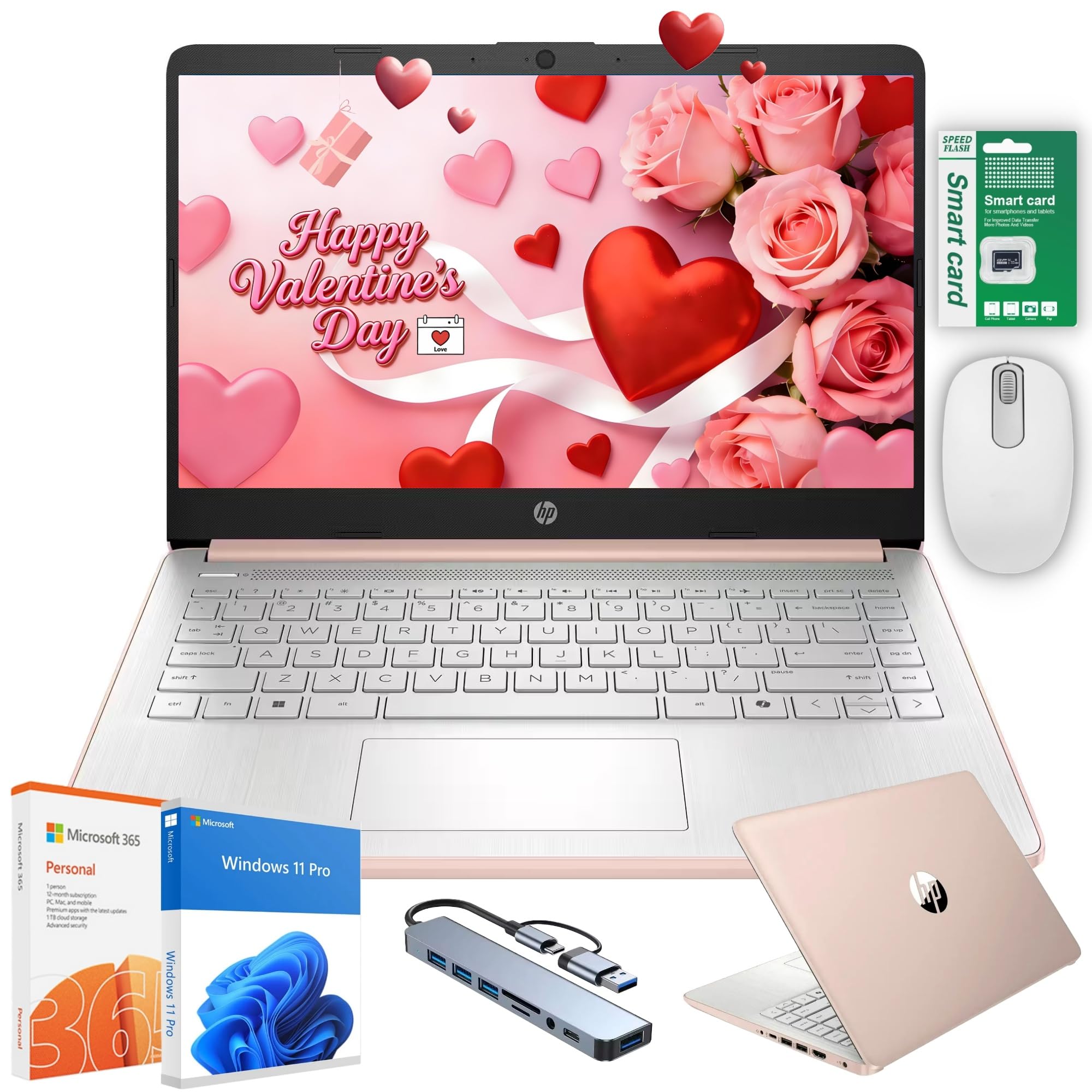 HP 14 Ultrabook Windows 11Pro Laptop, Intel 4-Core N150, 16GB RAM 384GB Storage(128GB+256GB SDCard+Hub+Mouse Bundle), 1-Year Office 365, HD Cam,