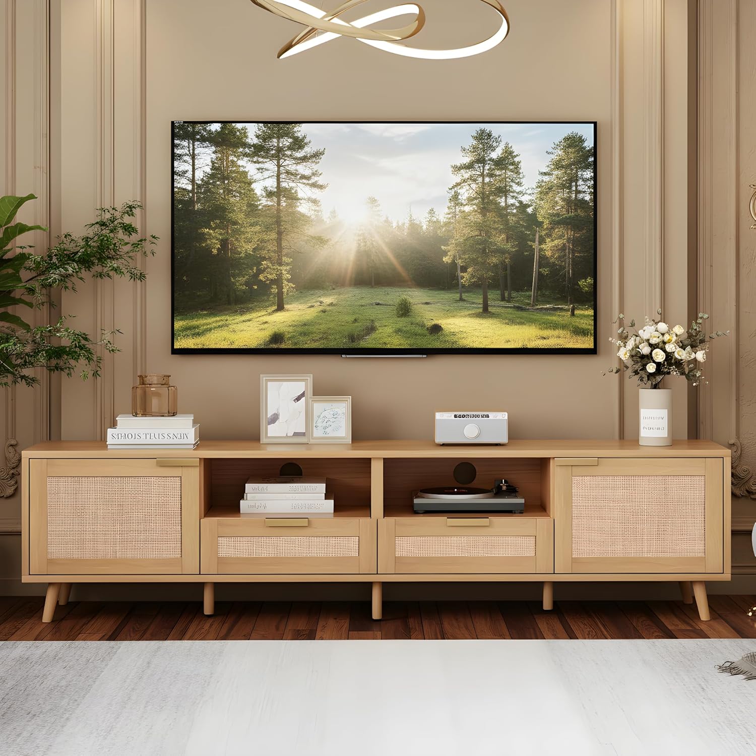 Rattan TV Stand for TVs up to 85'', Boho Entertainment Center with 2 Doors & 2 Drawers, Solid Wood Feet, Vintage Console Table for Living Room