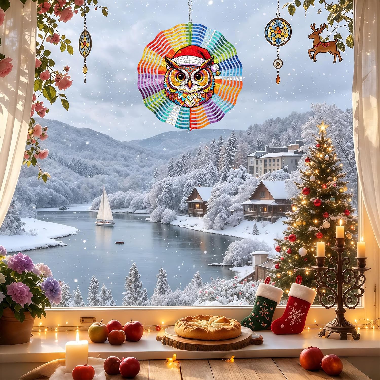 10 in Cute Santa Owl Wind Spinner, 3D Kinetic Wind Sculpture Outdoor Decor image 2