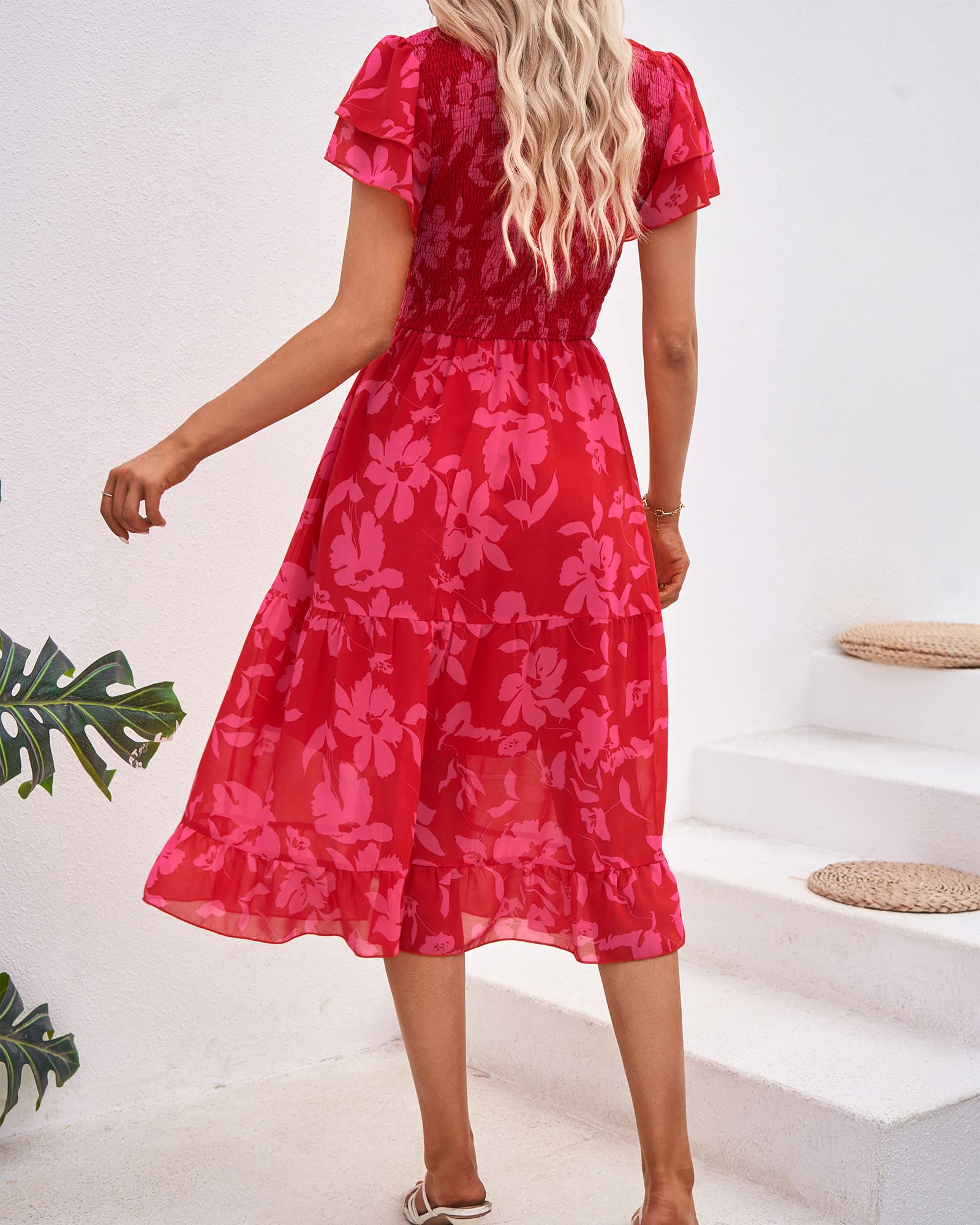BTFBM Sommerkleid für Damen, lässiges Midi-Kleid mit kurzen Stufenärmeln, Rüschen, Smok-Details, V-Ausschnitt, Boho-Blumenmuster, langes Kleid für Hochzeitsgäste