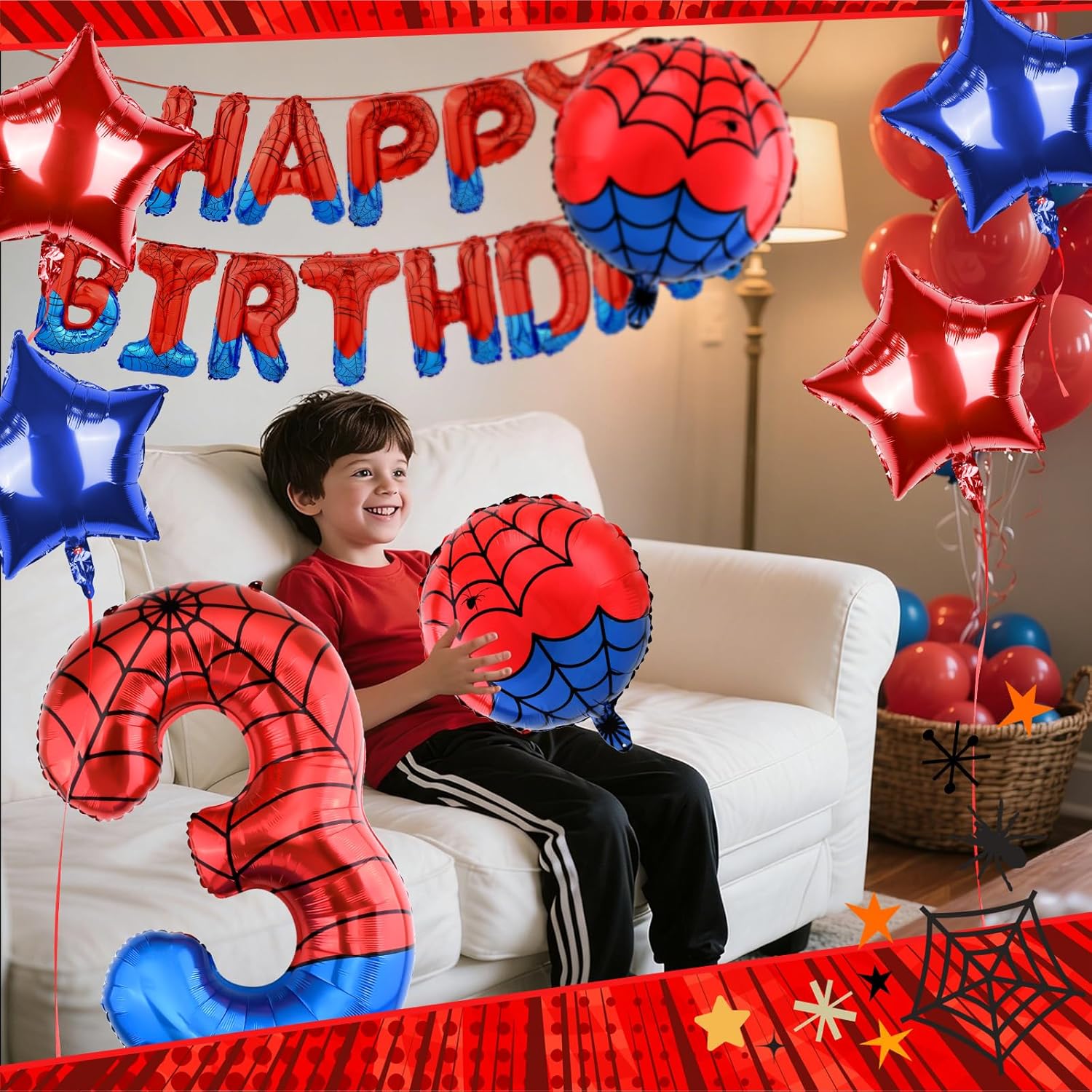 Spider Themed Happy Birthday Banner Party Decorations Set Including 40 Inch Number 3 Foil Balloons, Themed Party Essentials, Colorful Superhero Backdrop Supplies for Boys Indoor Outdoor Celebration
