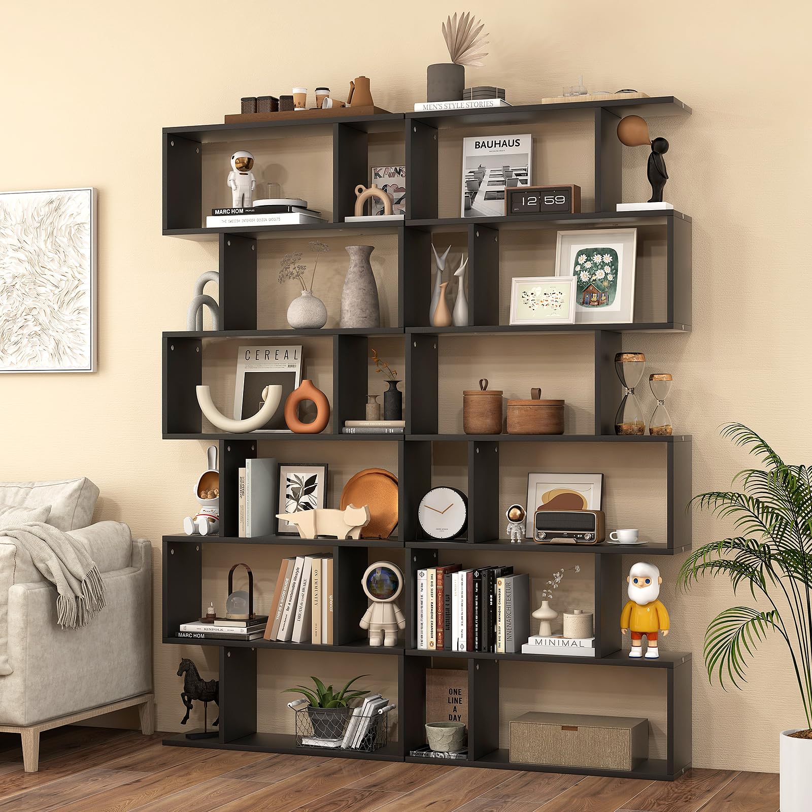 SILKYDRY 6 Tier Geometric Bookcase, S Shaped Bookshelf, Book Shelf Room Divider, Wood Freestanding Display Shelves, 75 Inch Staggered Bookshelf for