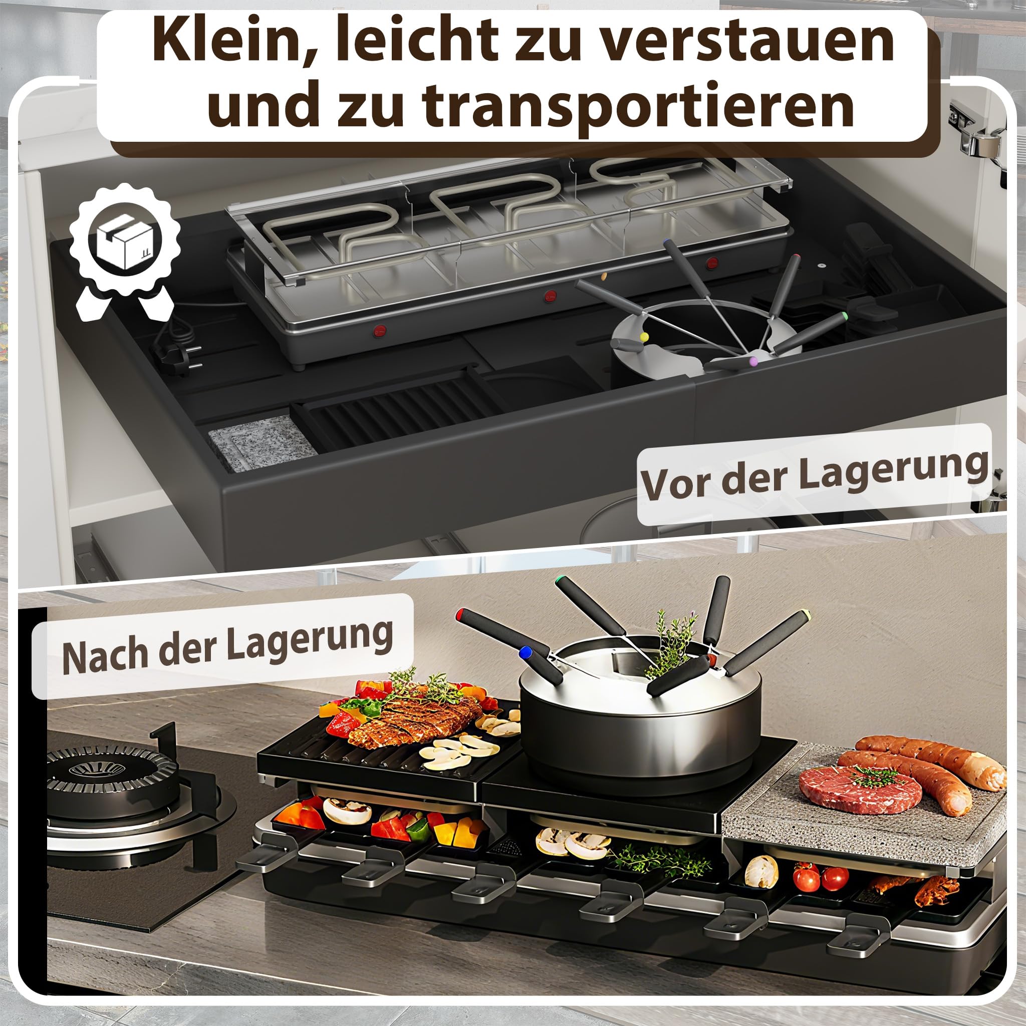UISEBRT Raclette Grill per 12 persone, macchina da raclette 3 in 1 con padella, set per fonduta, pietra calda, 12 padelle e 12 spatole per legno, piastra per raclette antiaderente, 1650 W
