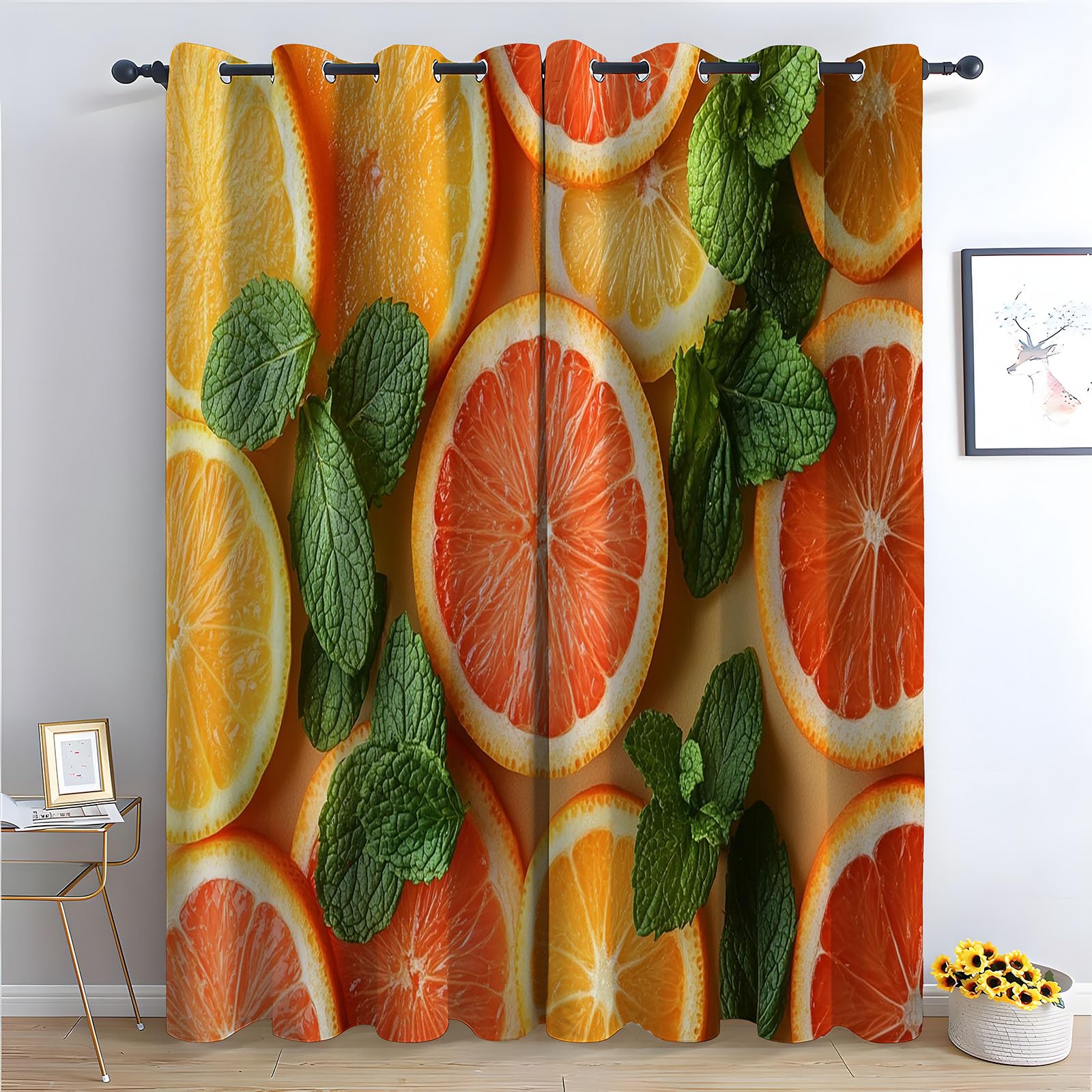 TERUEA 3D Landscape Scenery Decoration Curtains Citrus grapefruit orange slice mint leaf warm beige Curtains Spring Garden Landscape-42 W x 72" L (Pack of 2)