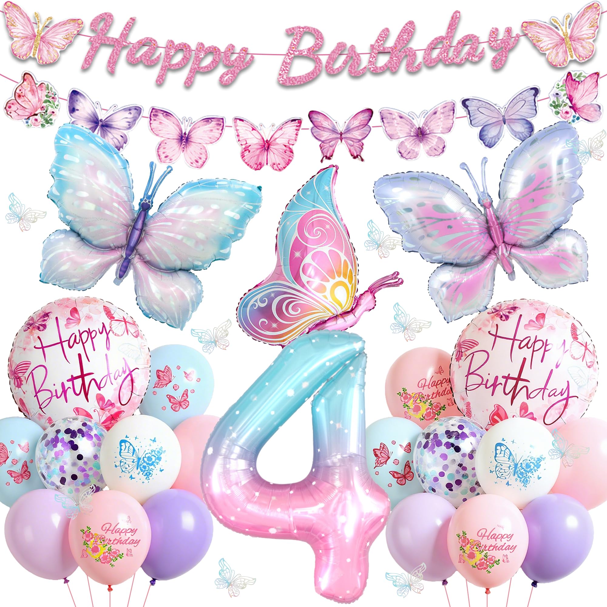 Tasoraor Schmetterling Deko Geburtstag 4 Jahre Mädchen - 46 Stück Geburtstagsdeko Luftballons Girlande und Folienballon, Rosa Schmetterlinge Ballons für 4. Kindergeburtstag Dekoration