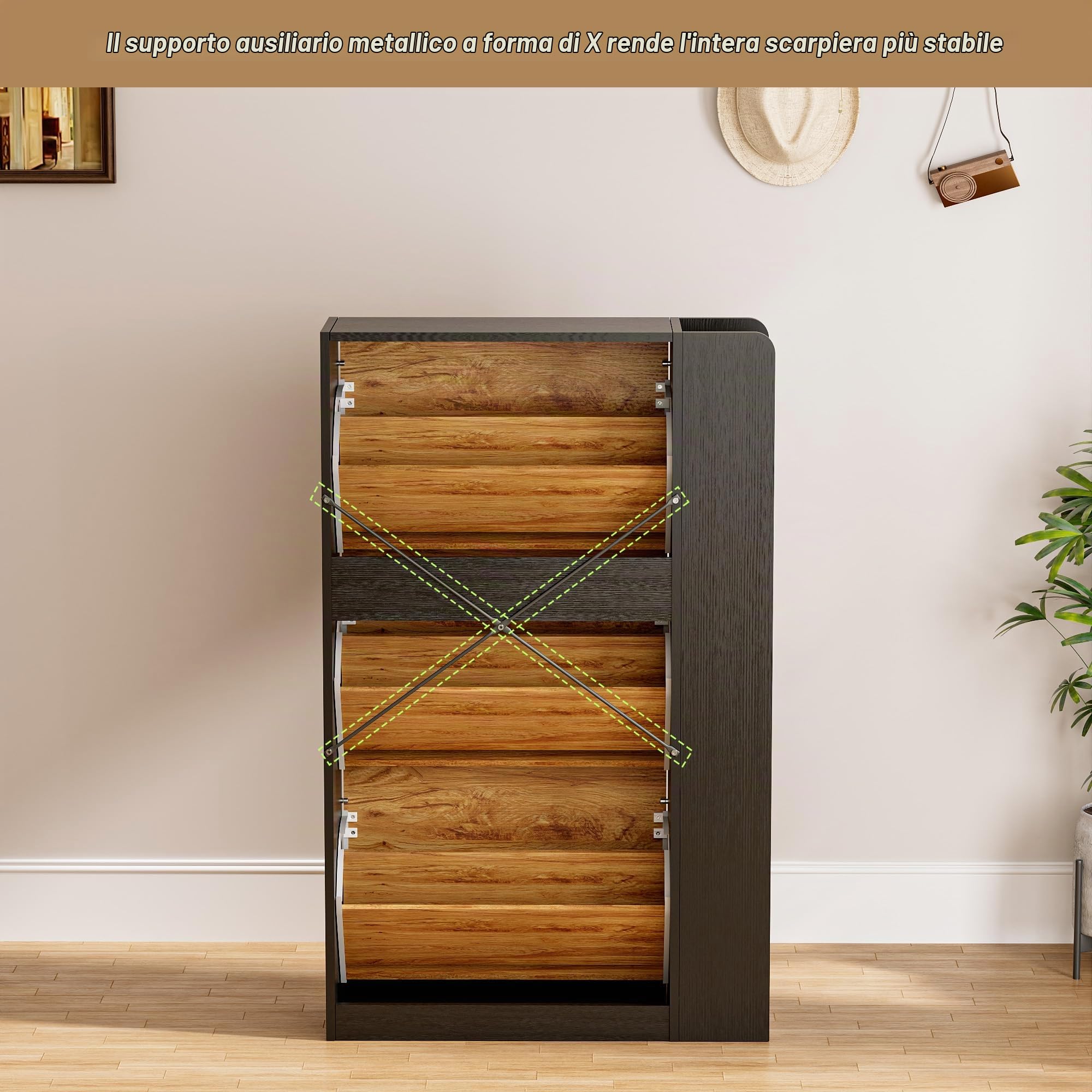 Scarpiera Salvaspazio Slim con 3 Ante e Telaio Laterale Aperto 3 Strati, Scarpiera Stretta con Maniglie, Scarpiera con Divisori Regolabili per Ante, Corridoio e Soggiorno (73.5x118x24 cm, Nero)