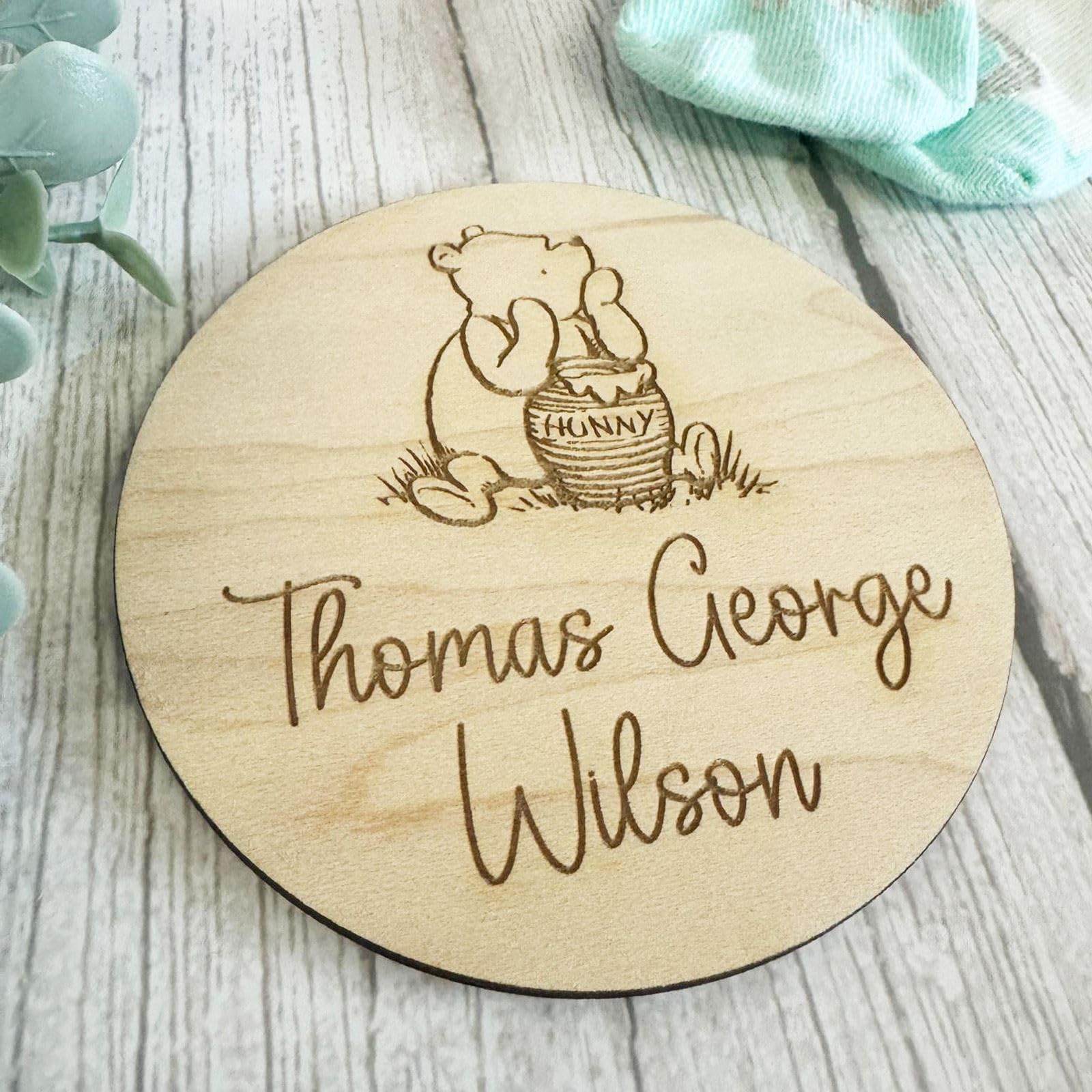 Luck And Luck Brown Personalised Baby Name Announcement Sign, Social Media New Baby Arrival Disc, Birth Announcement Plaque, New Born Announcement Photo Prop