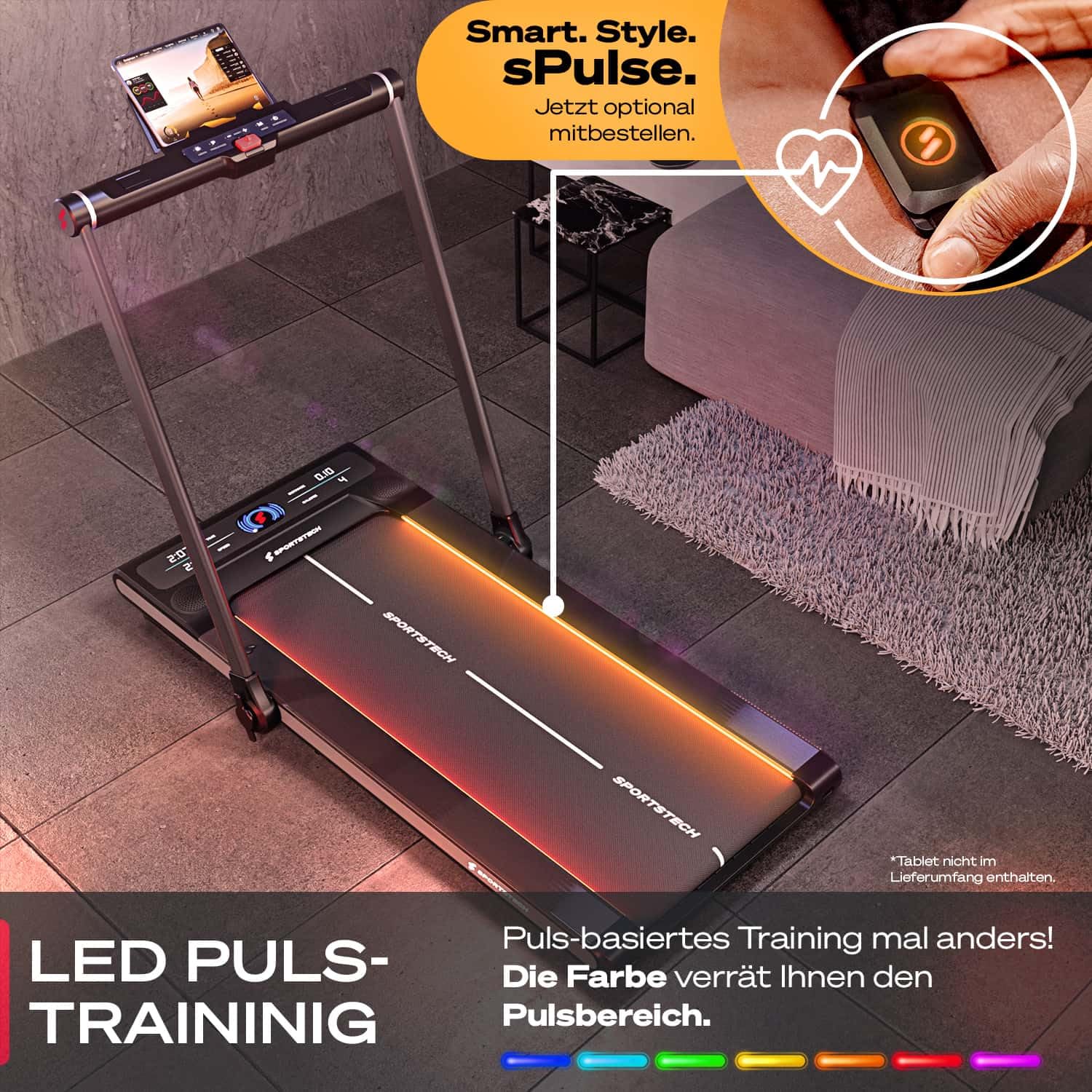 Sportstech sWalk Plus 2in1 Walking Pad klappbar bis 12 km/h, Laufband für Zuhause klappbar, Walking Pad mit Steigung, LED, Bluetooth App, 3,5 PS Motor, bis 130 kg, Laufband für Zuhause