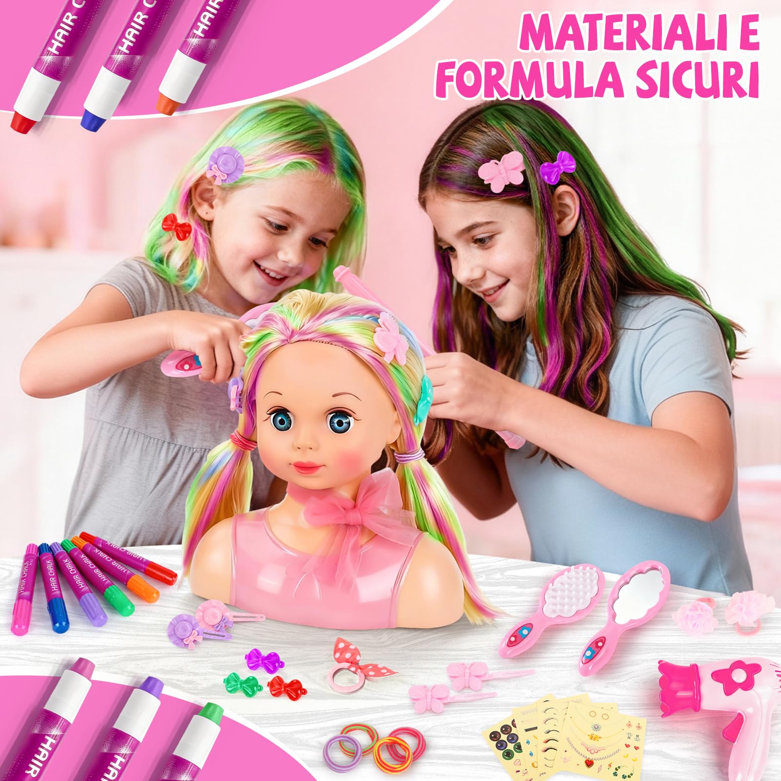 Testa Bambola da Truccare e Pettinare, Bambola Parrucchiere per Bambini, Lavabili Parrucchiere Testa Giocattolo con Forcine Regalo per Ragazze 4 5 6 7 8 Anni