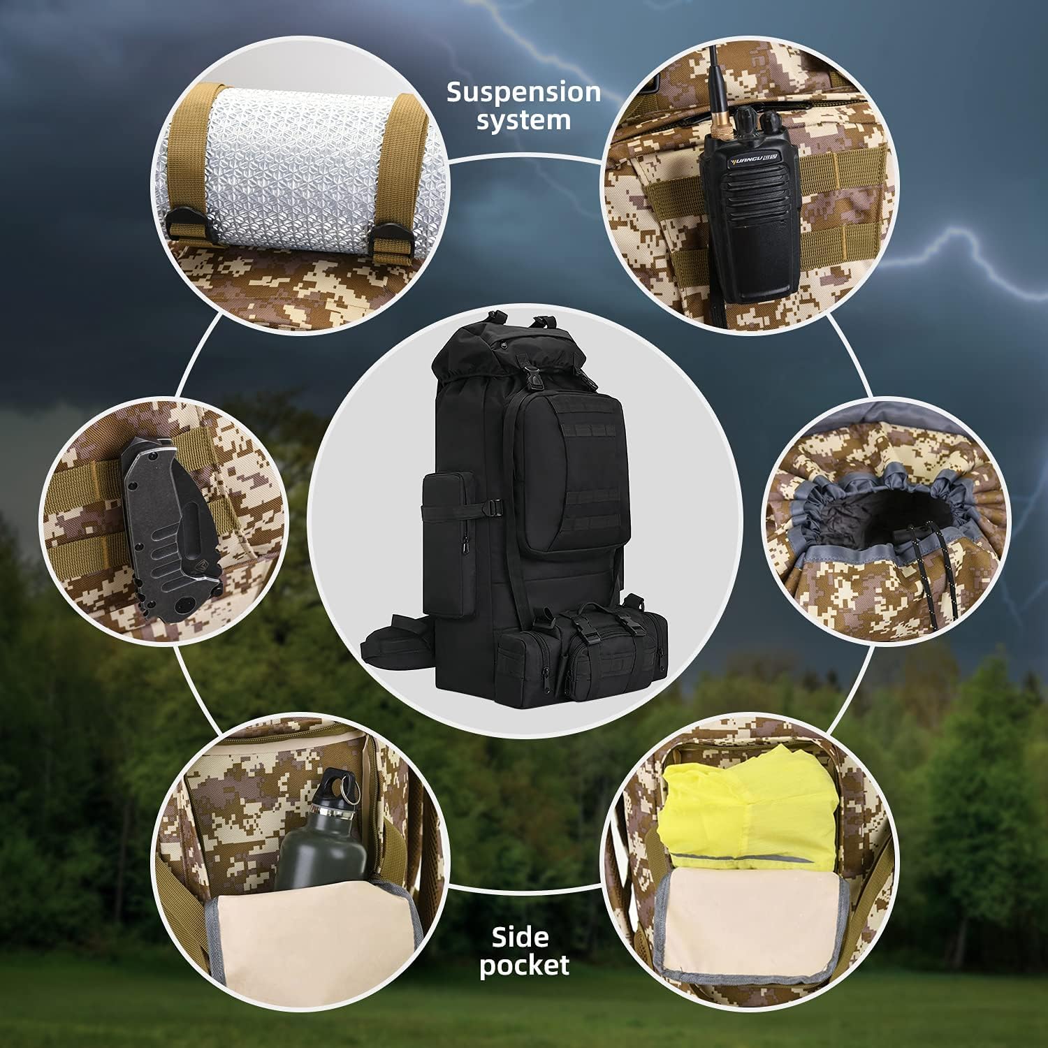 Hongxinghai 100l Camping Plecak Turystyczny, Wojskowy Plecak Taktyczny Molle, Wodoodporny Lekki Plecak Turystyczny, Black-c