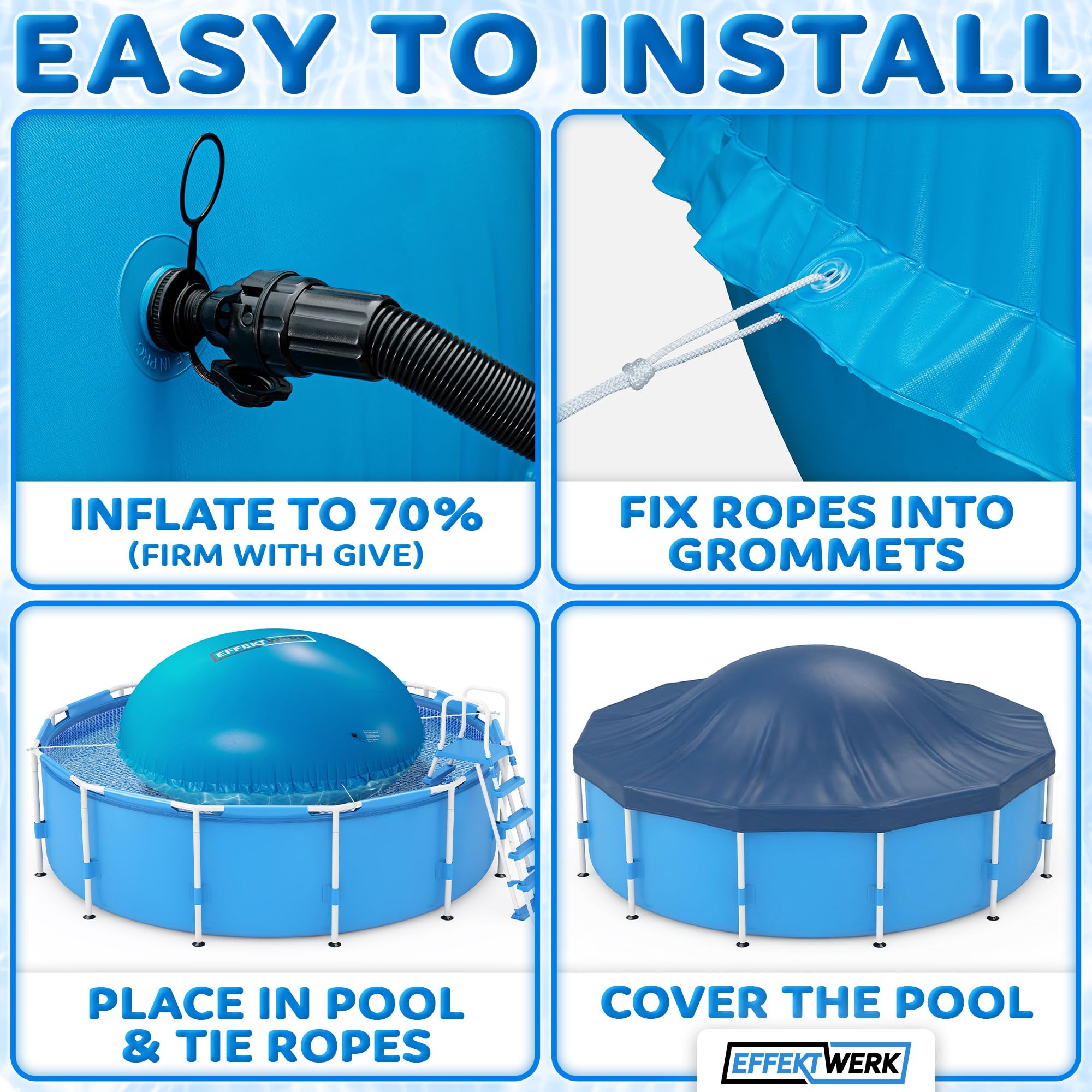 Poolkissen für den Winter - 3m Riesiges Aufblasbares Luftkissen/EIS-Ausgleicher für Aufstellpools mit 5m Seil, Flicken und Ventilkappe