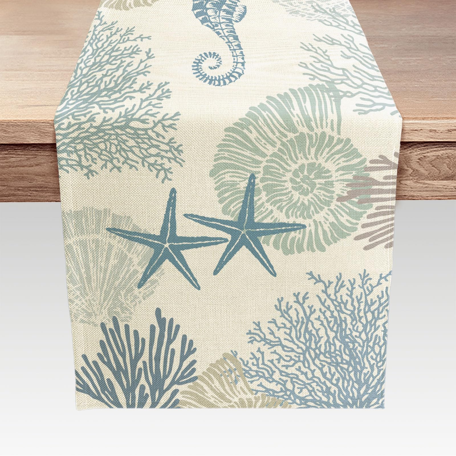 Coastal Nautical Table Runner, Ocean Sea Shells Stars Seahorse and Coral Table Runners for Dining Room, Kitchen, Living Room, Holiday and Party Table
