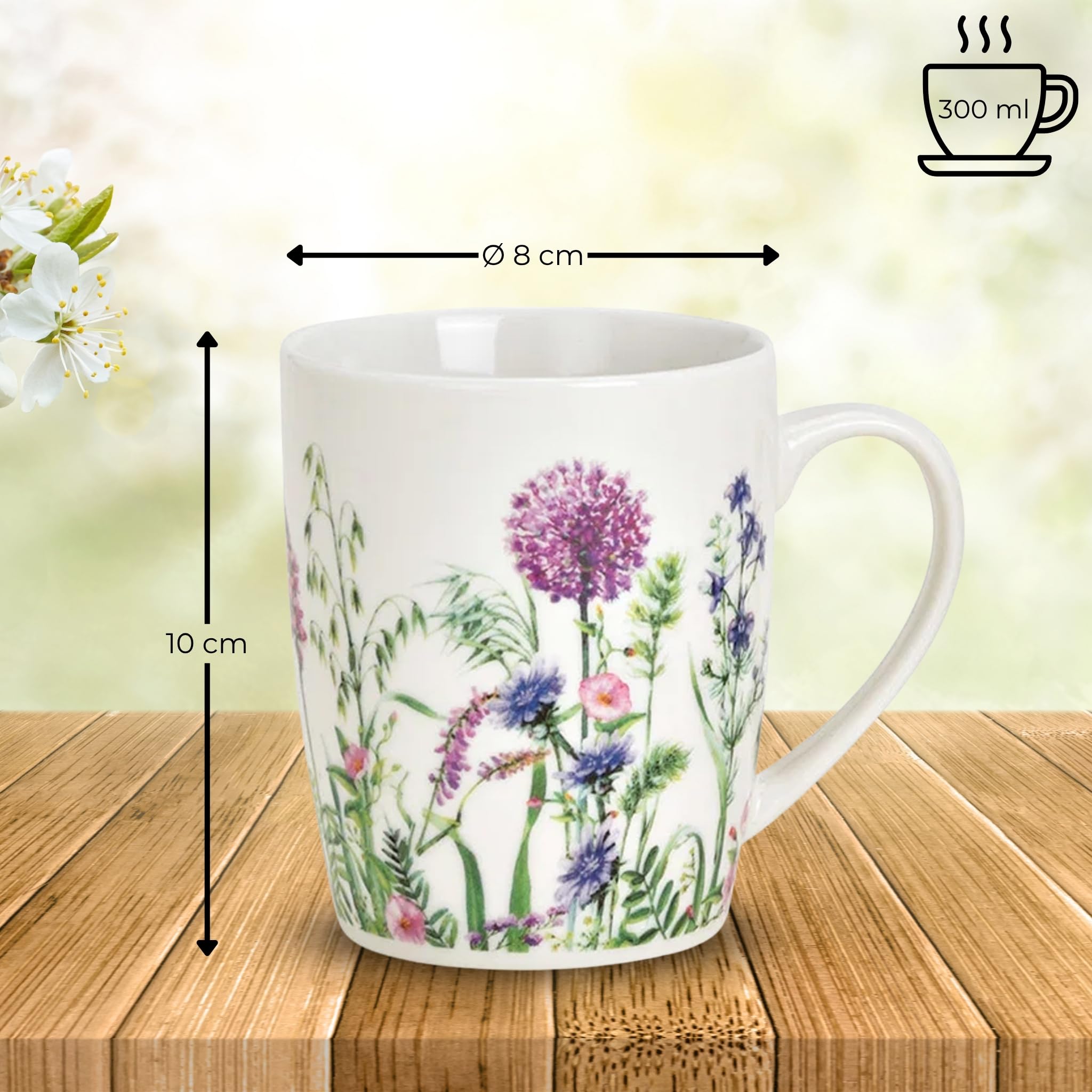 Set di 4 tazze con motivo floreale primaverile – Bellissime tazze da caffè in porcellana da 300 ml per cappuccino, caffè, tè – Eccezionale tazza da caffè lavabile in lavastoviglie e adatta al