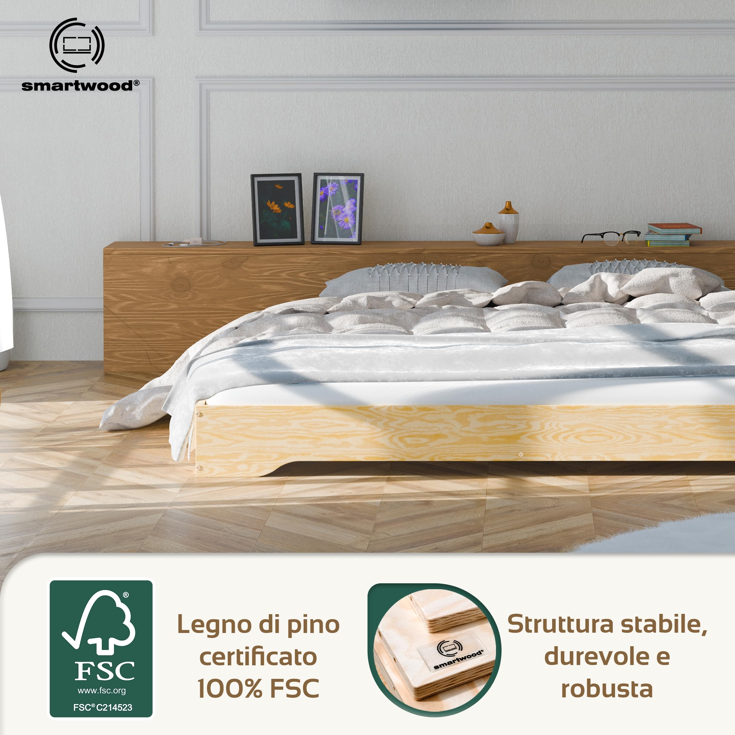 smartwood Struttura Letto Matrimoniale 160x200 cm con Rete e Materasso - Letto in legno di pino FSC portata fino a 300 kg - Giroletto Matrimoniale durevole per adulti TILA 7