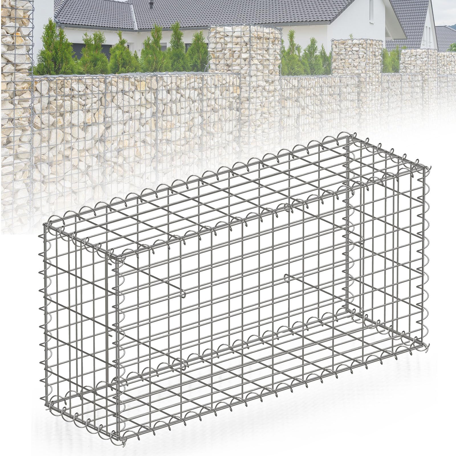 Floordirekt Gabion, panier à pierres en métal, 100x50x30 cm, panier en fil galvanisé avec une maille de 5 x 10 cm, mur de pierres comme clôture de jardin, grille de gabion comme brise-vue, Lenox