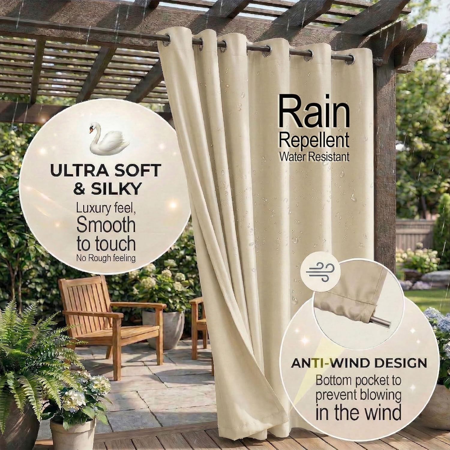 DIVA EN CAMINO DEC Outdoor Patio Curtain Waterproof Darkening Thermal Insulated Indoor Curtains for Bedroom, Porch, Living Room, Pergola, Cabana, W52 x L95, Beige, Set of 2 Panels