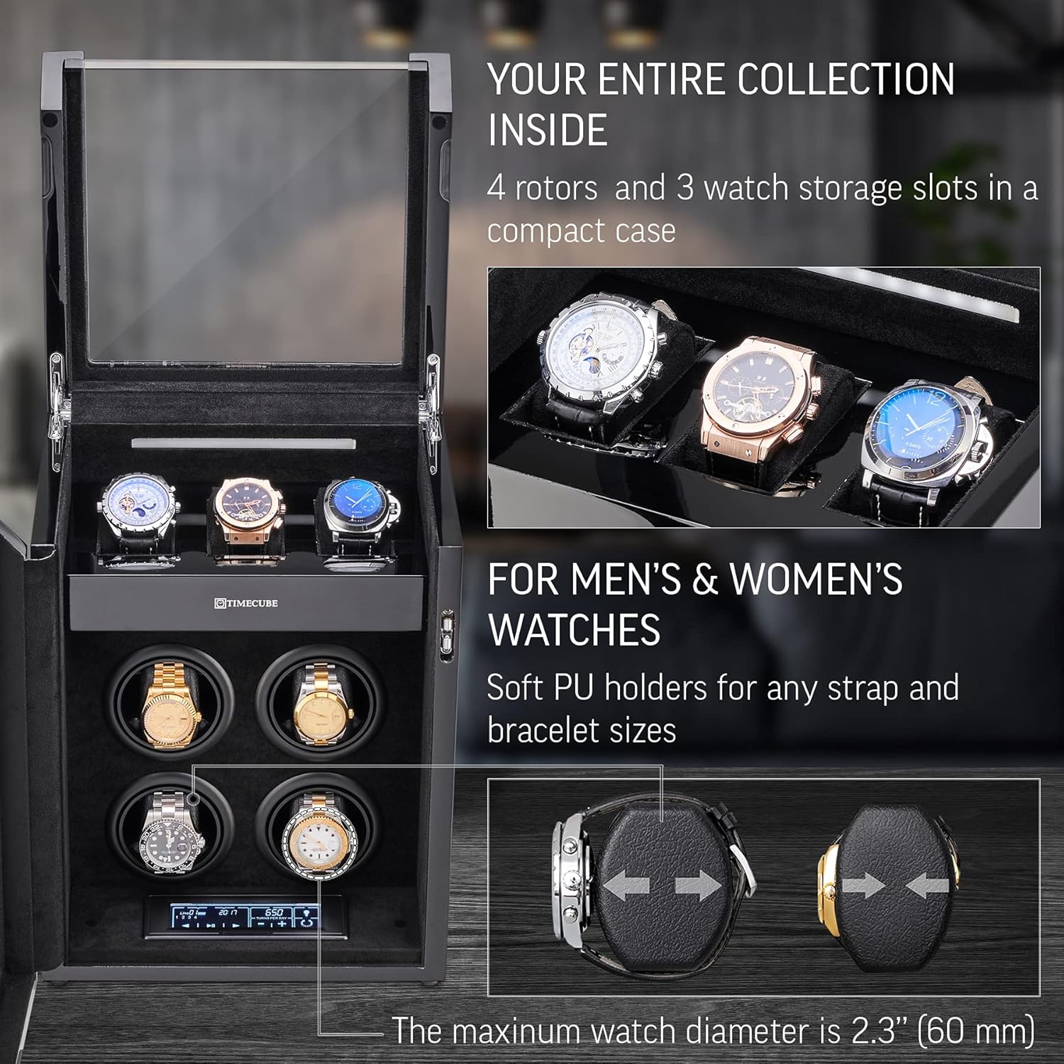 TIMECUBE Watch Winder for 4 Watches with 15 Winding Programs and 3 Watch Storage Slots