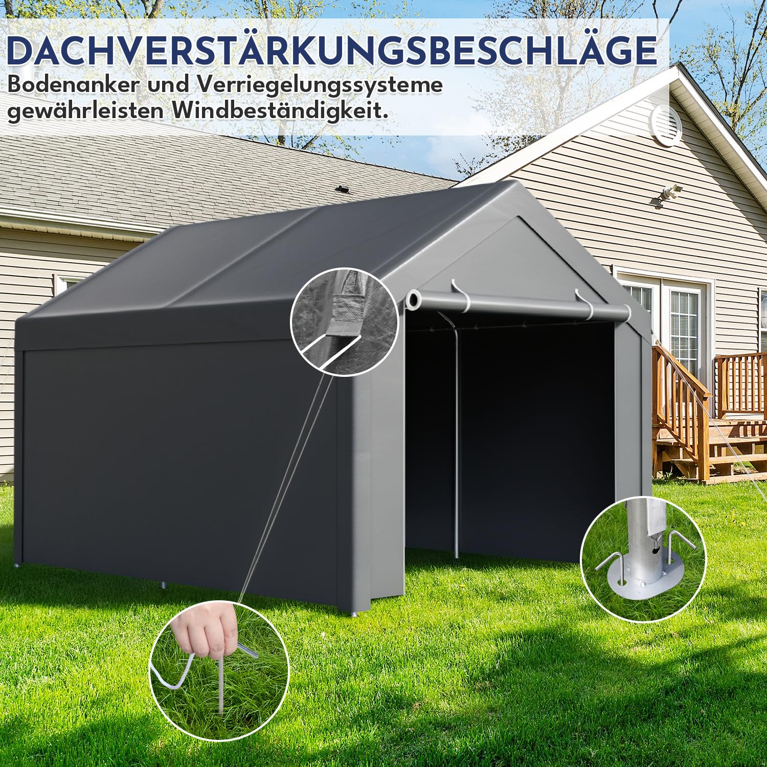 Tenda da garage con telone in PE resistente alle intemperie, impermeabile, con 2 pareti laterali e 10 picchetti, protezione UV, per auto, SUV, barca, 3 x 4 m