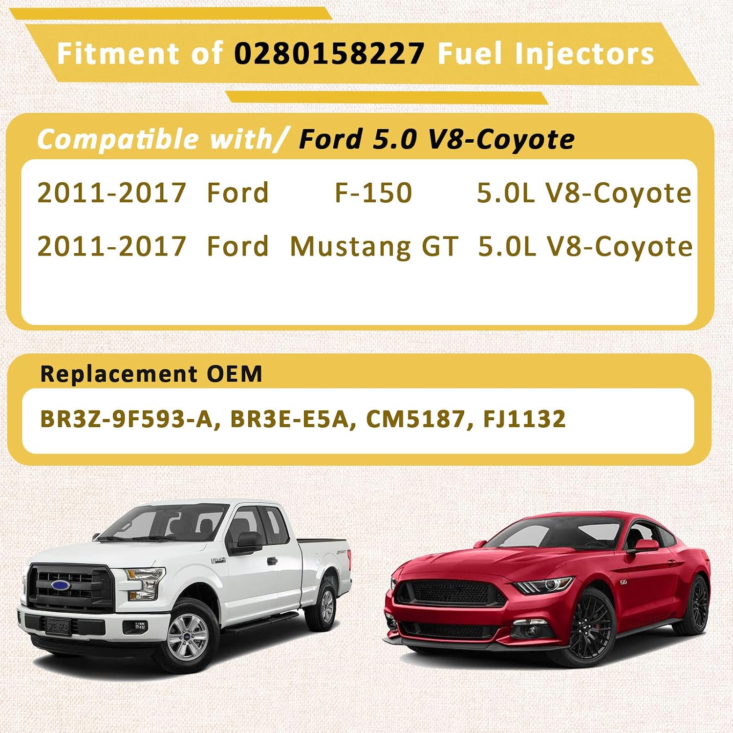 2011-2017 Coyote 5.0 Fuel Injectors,Compatible with/Ford F150 & Mustang GT 5.0L |4 Holes| |Set of 8| |OE#0280158227|
