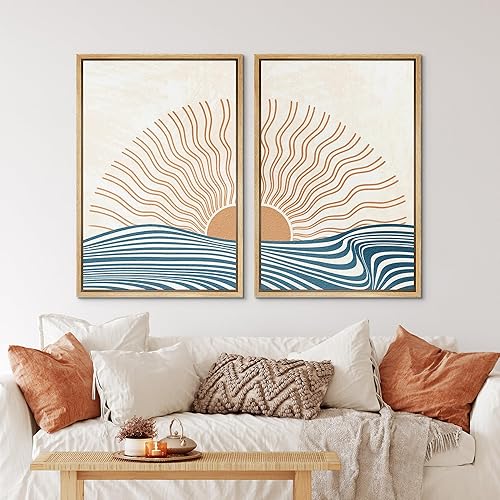 Miniatura 2 de IDEA4WALL Lienzo enmarcado para pared, juego de arte de mediados de siglo, sol, olas del océano, paisaje marino, ilustraciones con formas