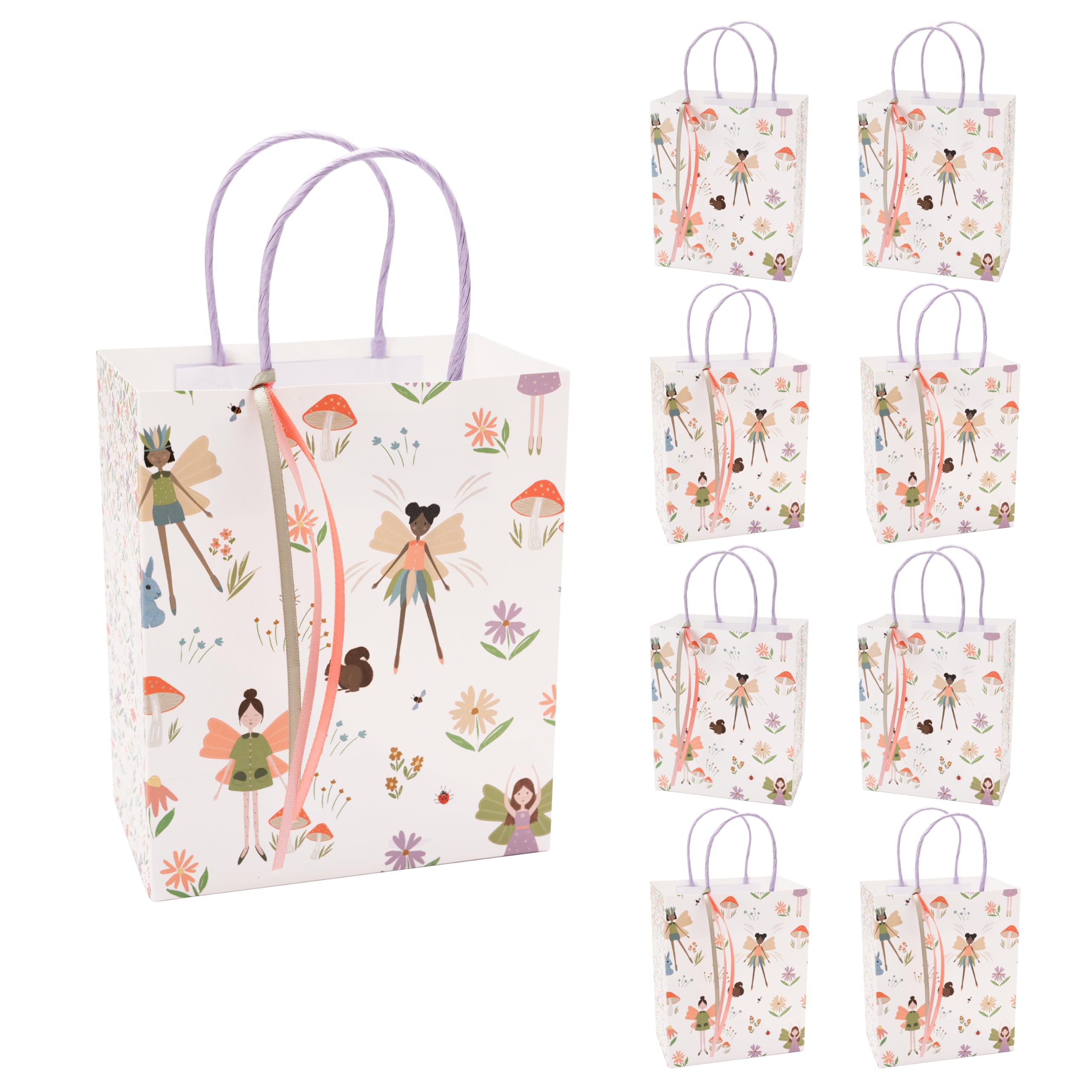 Cheerland 8 Pcs Woodland Fairy Theme Gift Bag Set with Ribbon Decorations Perfect for Girls Birthday Party Gif Bag and Baby Shower Cute Fairies Favor Bag Pink Boxes with Mushroom Flower Spring Themed