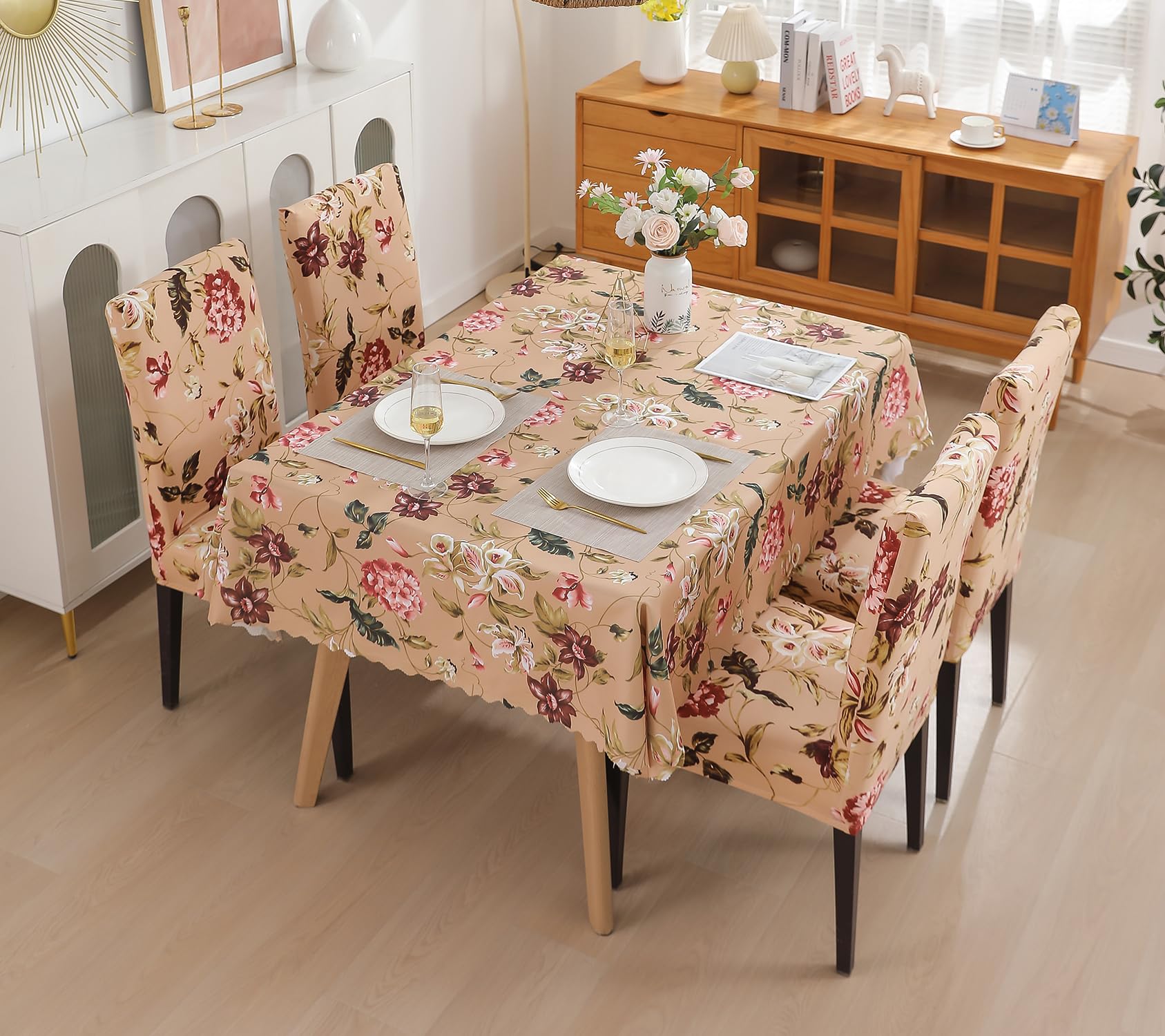 House of Quirk Polyvinyl Chloride (PVC) Dining Chair Cover with Rectangular Table Covers for Kitchen Waterproof Dining Table Cloth (Dark Beige/Flower Pink/Green, 1 Table Cover + 6 Chair Cover)