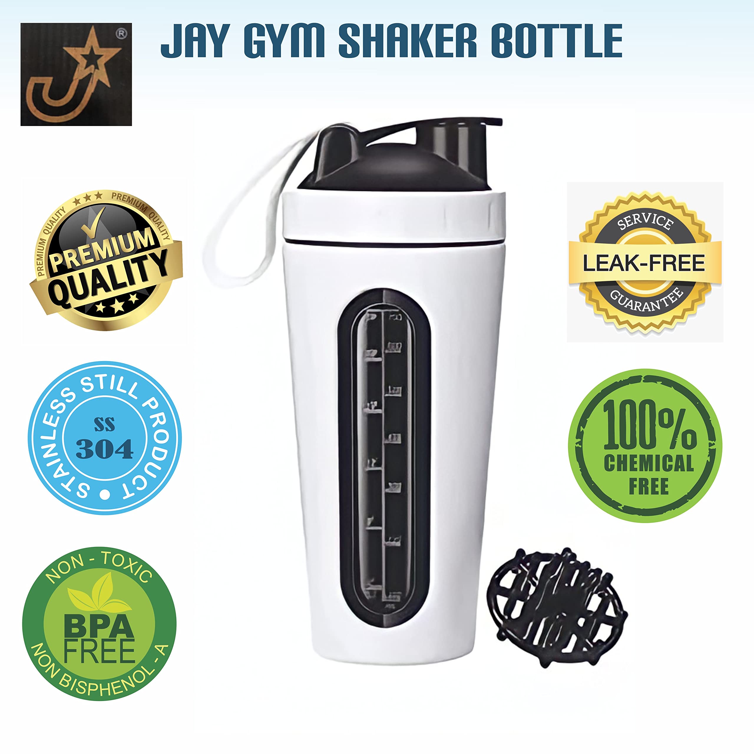 JAY Botella agitadora de acero inoxidable, ventana visible, a prueba de fugas, sin BPA (750 ml, blanco)