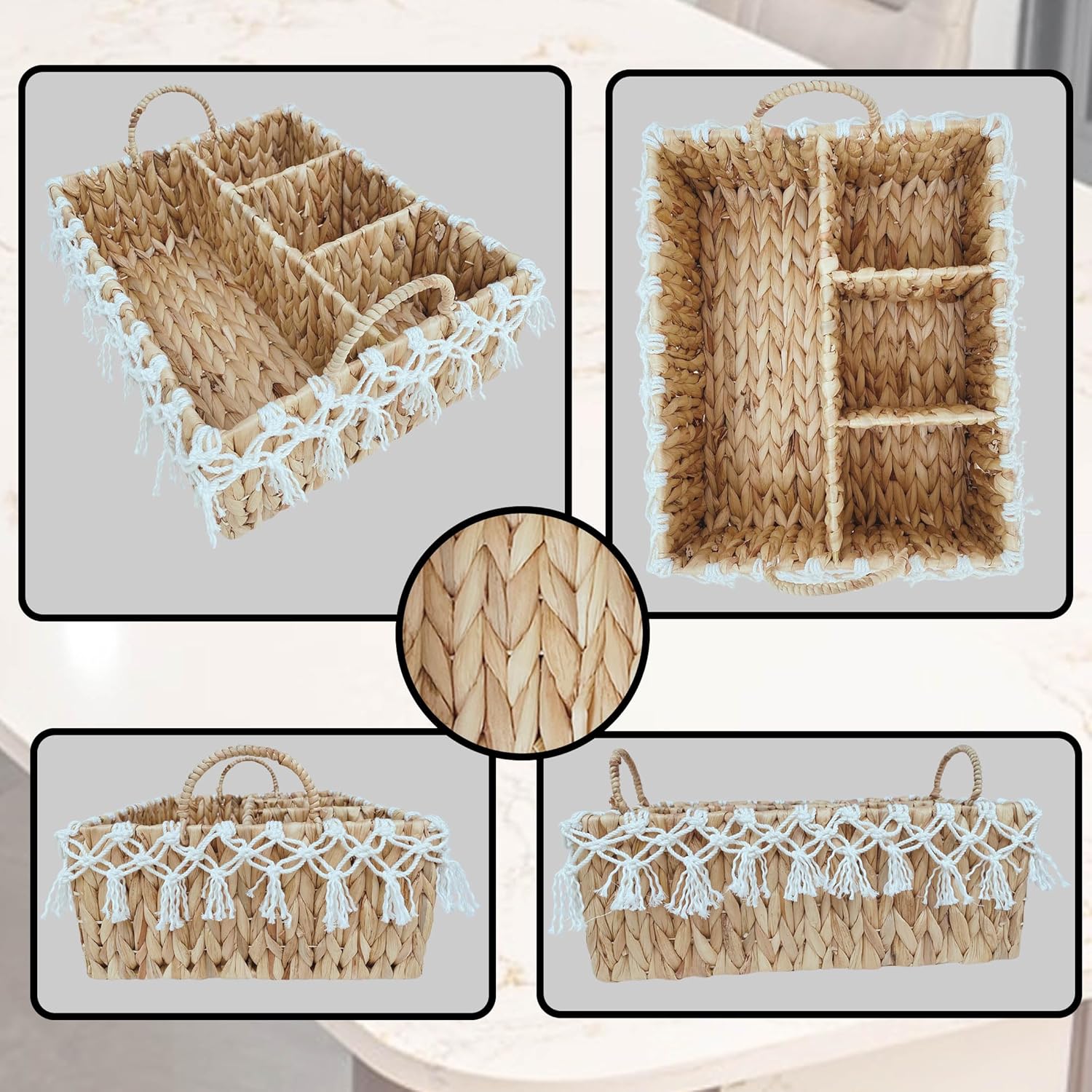 Woven Water Hyacinth Basket 4-Section | Handwoven Organizer with Handle for Carrying Cutlery, Utensils, and Flatware | Perfect for Kitchen, Dining Table, Bathroom (Water Hyacinth)