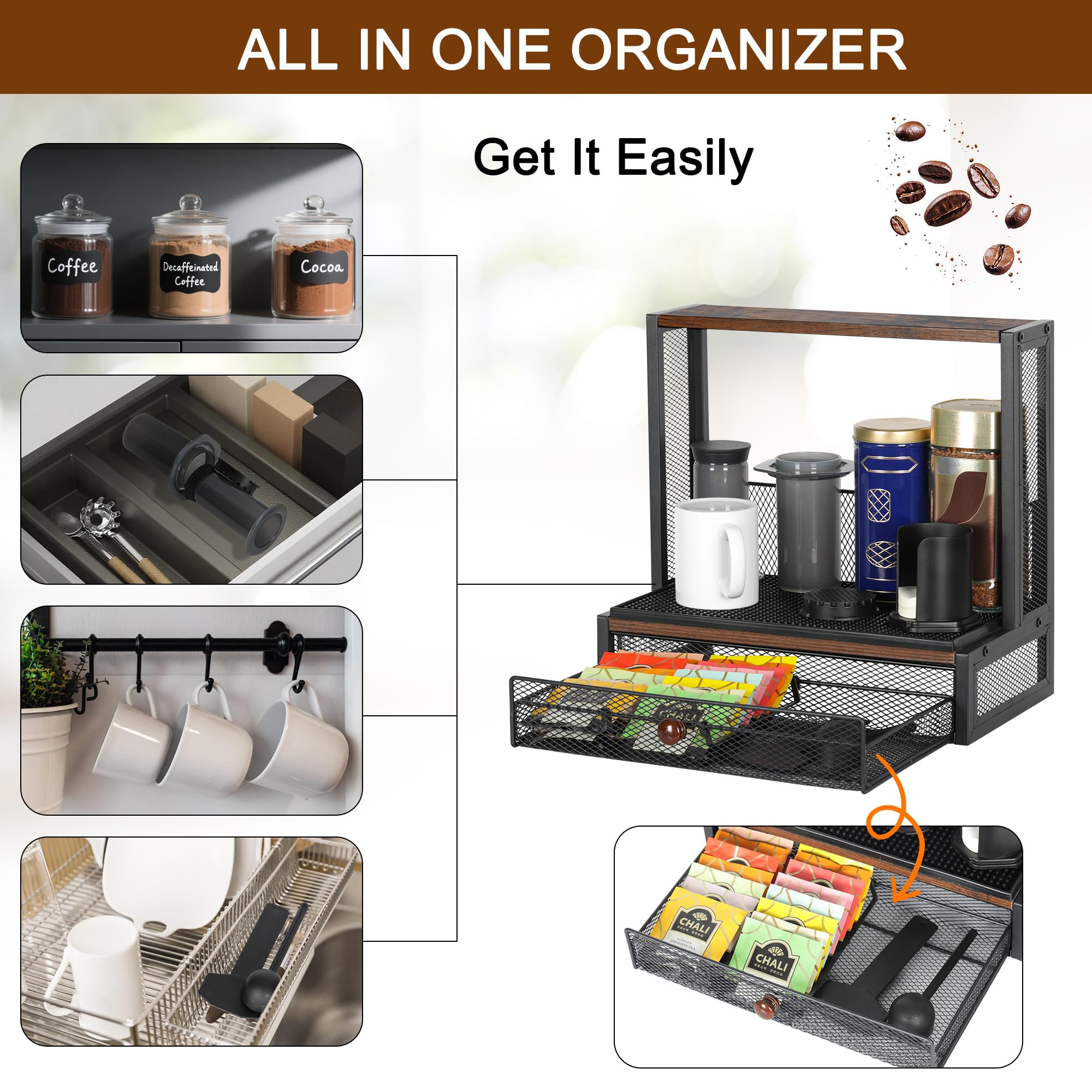 TQVAI Organizer per bar, compatibile con modelli originali/Go/XL, include tappetini antigoccia, stazione caffè da banco con cassetto scorrevole per controllo del flusso, nero/antico