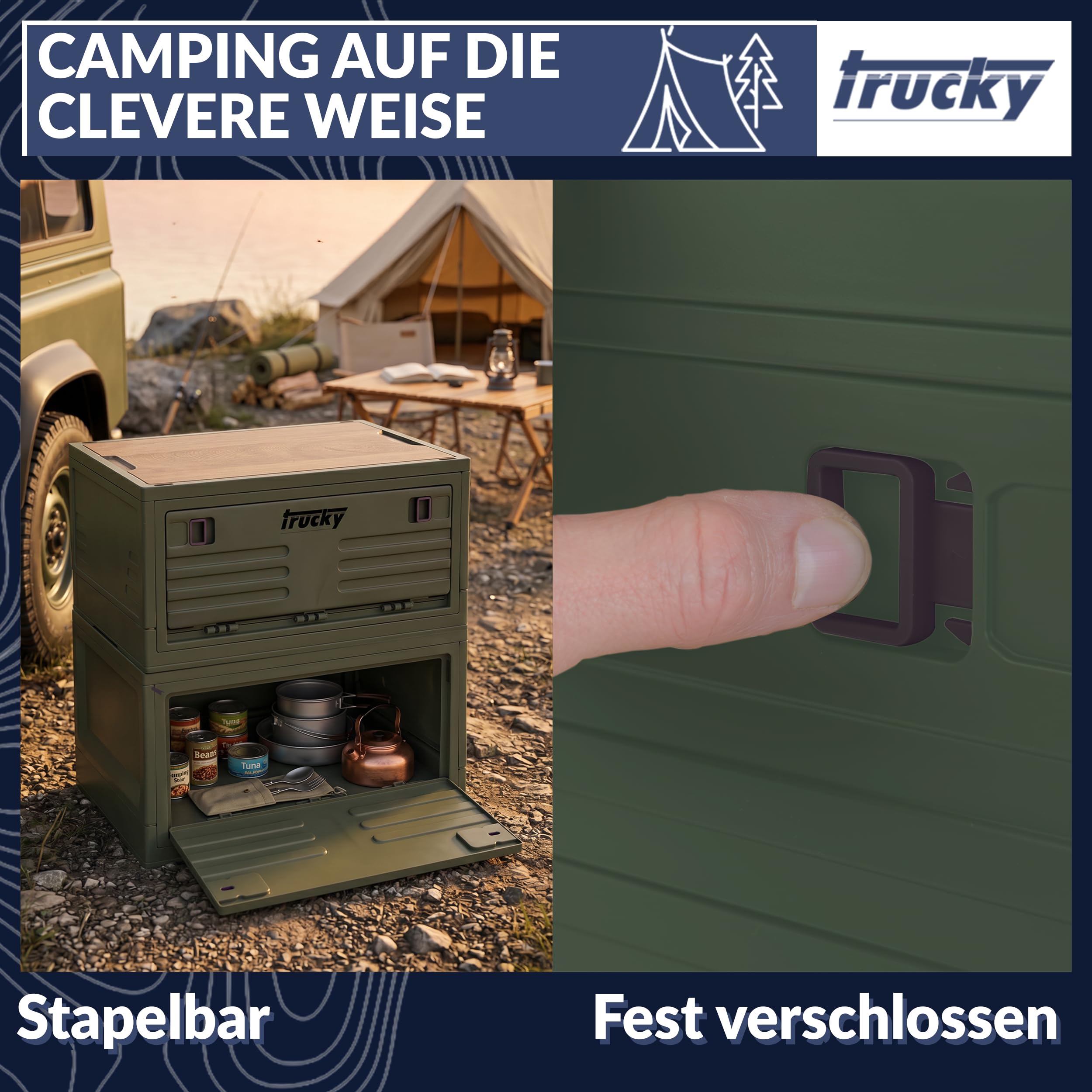 Trucky Caja de almacenamiento con tapa, juego de 4 unidades, 35 L, 48 x 30 x 24 cm, para camping, plegable, con tapa, color verde