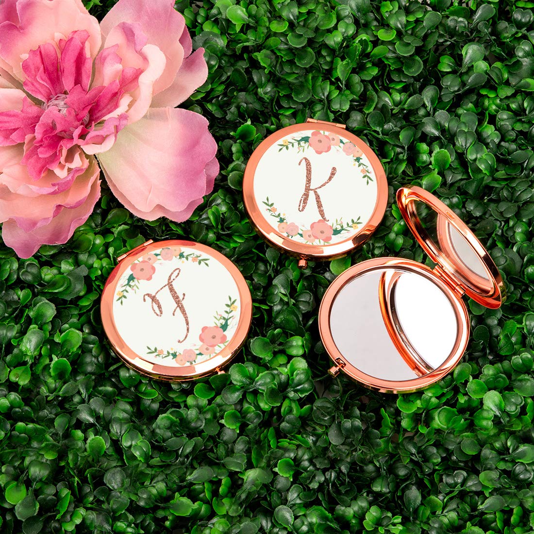 Andaz Press Rose Gold Compact Mirror Bridesmaid's Wedding Gift, Peach Pink Florals with Faux Rose Gold Glitter, Monogram Letter F, 1-Pack, Bachelorette Bridal Shower Wedding Party Gifts
