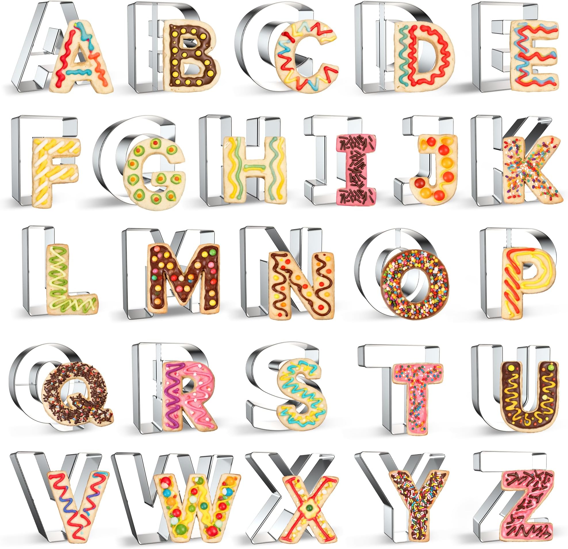 FUSOTO 26PCS Alphabet Letters Cookie Cutters Set, DIY Alphabet Cake&Cookie, Stainless Steel Cookie Cutters for Baking, Letters Shaped Baking Tool for Homemaking Biscuits, Cookie, Dough