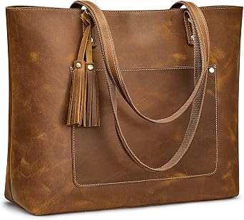 S-ZONE Leather Tote Bag for Women Vintage Large Work Handbag with Tassel | Top Grain Leather, Genuine Leather, Fits Laptop Documents, Shoulder Hand Carry, for Work Travel Daily Use