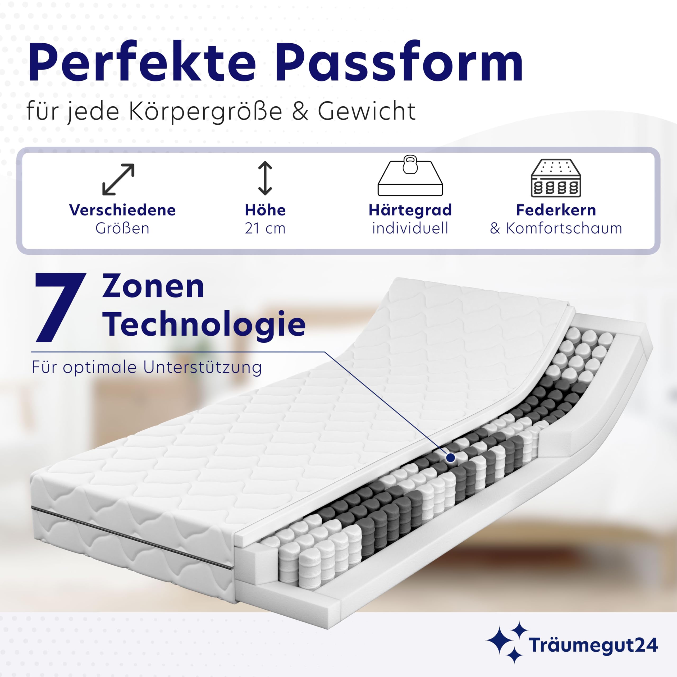 Träumegut24 Taschenfederkern Matratze 120 x 200 cm | 21 cm Höhe | Größe + Härtegrad wählbar | 7-Zonen-System für ergonomisches Liegen | Oeko-TEX Zertifiziert | (120x200, H3)