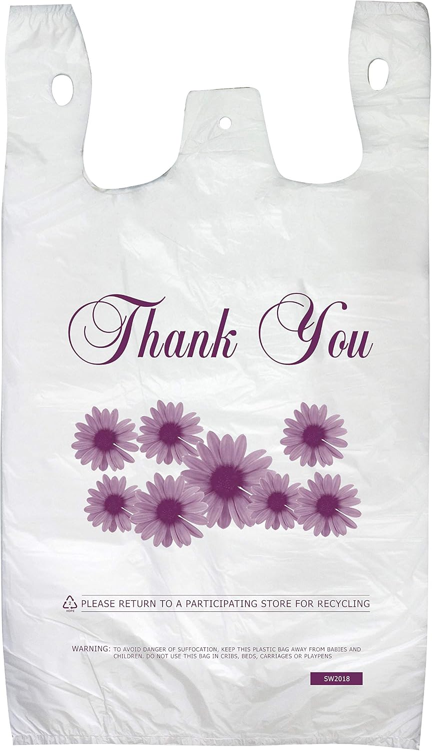 Thank You Shopping Bags Case of 500 T-Shirt Bags 12"x 6" x 22" Heavy Duty 16 Micron Reusable/Disposable Grocery Bags