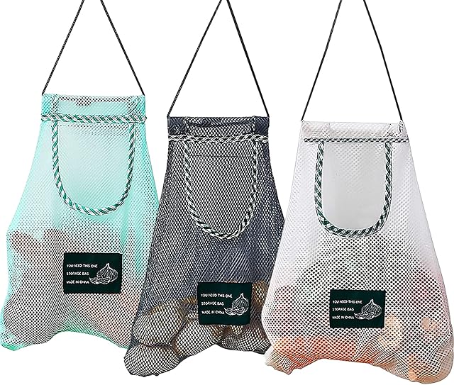 3Pcs Hanging Mesh Storage Bags Reusable Produce Bags Grocery mesh Bags Breathable Hanging Mesh Bag Durable Eco Friendly Vegetable Storage Bags Net Tote Bags for Onions,Potatoes, Fruit 3 Colors