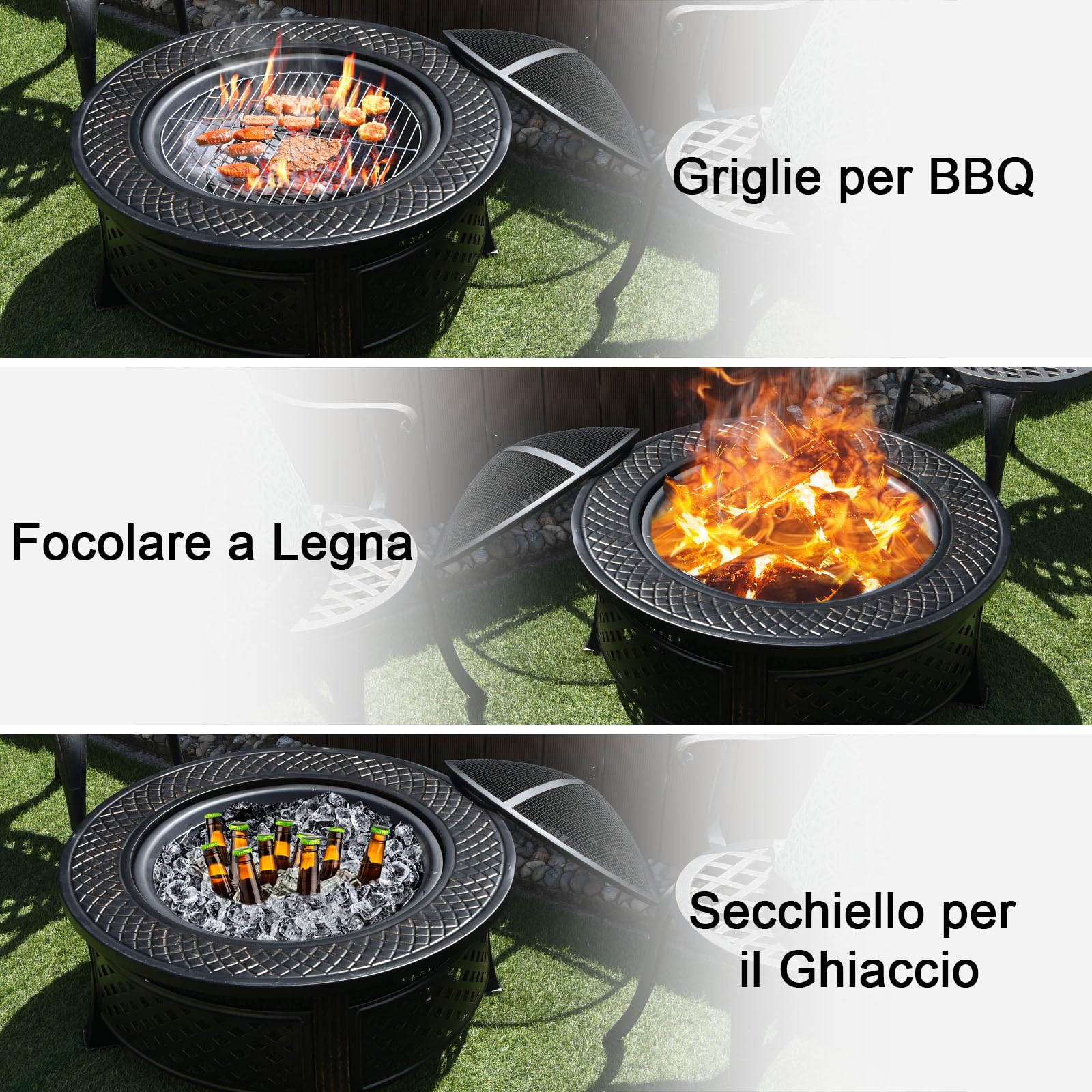GYMAX 81CM Set Braciere, Braciere Tondo 3-in-1 con Finitura ad Alta Resistenza, Griglia per Legna da Ardere per Barbecue,con Copertura Antipioggia e Attizzatoio, per Giardino, Campeggio, Picnic