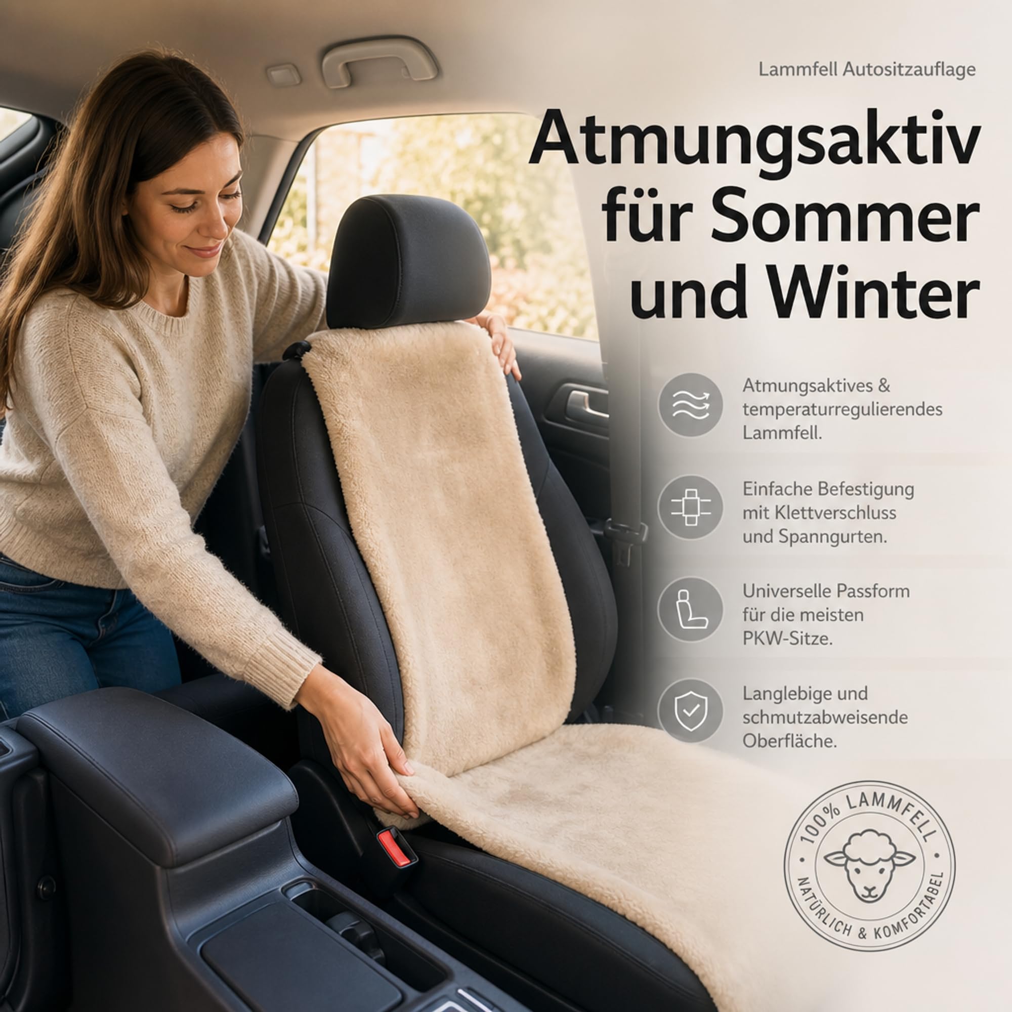 Lammfell Autositzauflage für PKW – Atmungsaktiv für Sommer und Winter – 36 x 135 cm, Universelle Passform (Beige)
