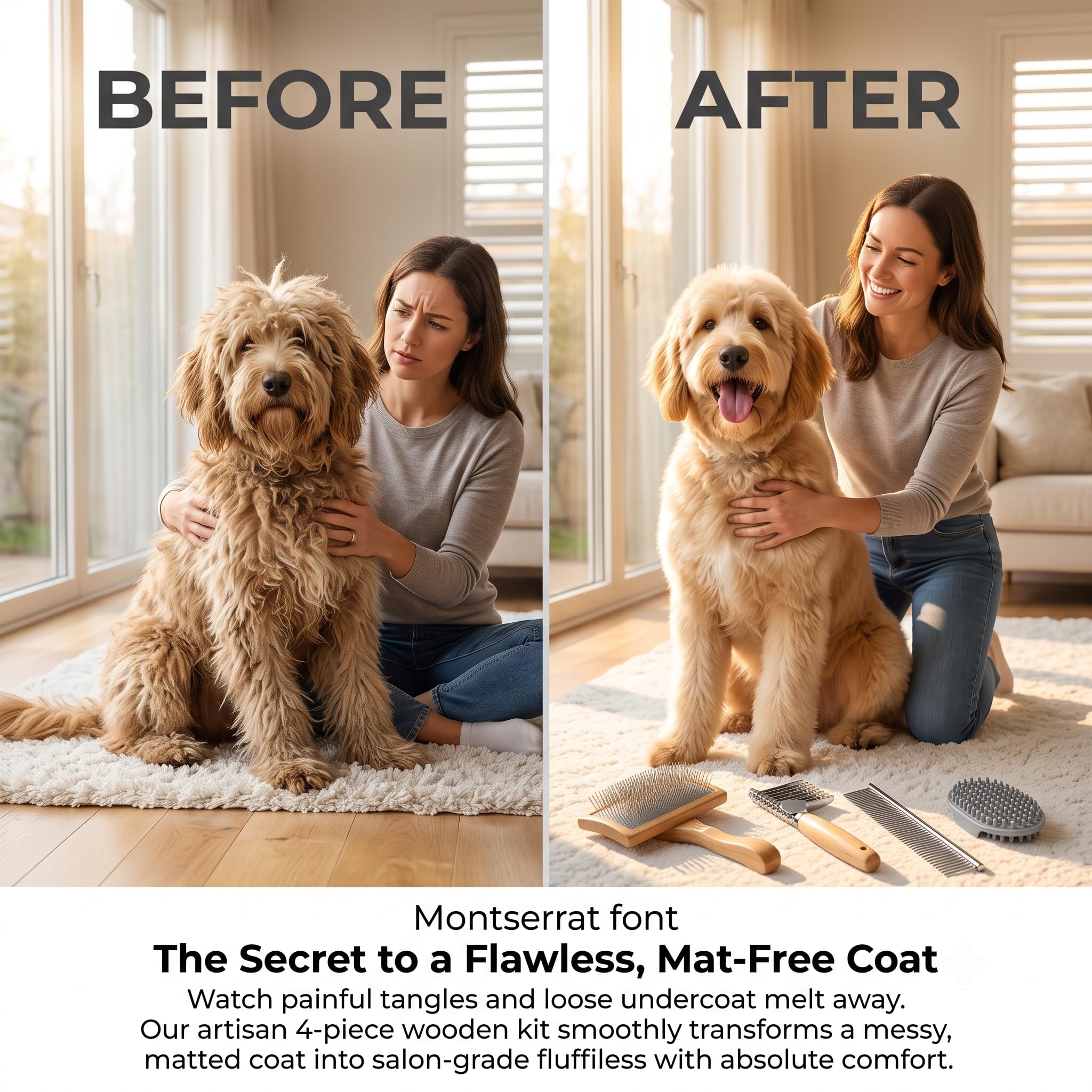 4 spazzole grandi per cani e gatti a pelo lungo, Goldendoodles, scarabocchi e barboncini, spazzola per cani con pettine per toelettatura e pettine in acciaio inossidabile, naturalmente