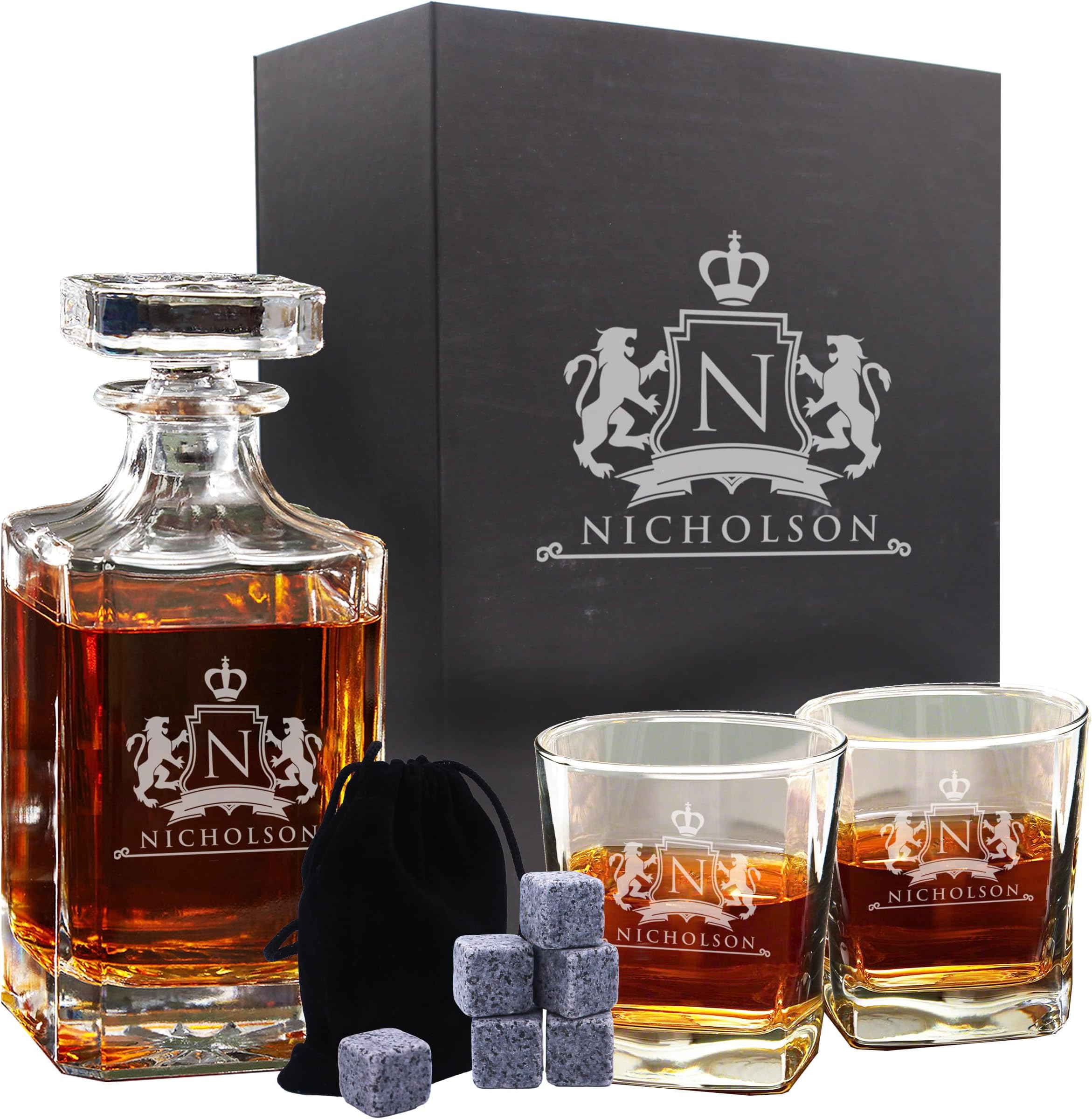The Wedding Party Store, Customized Whiskey Decanter and Glasses Set - Custom Engraved and Personalized with Lion Design