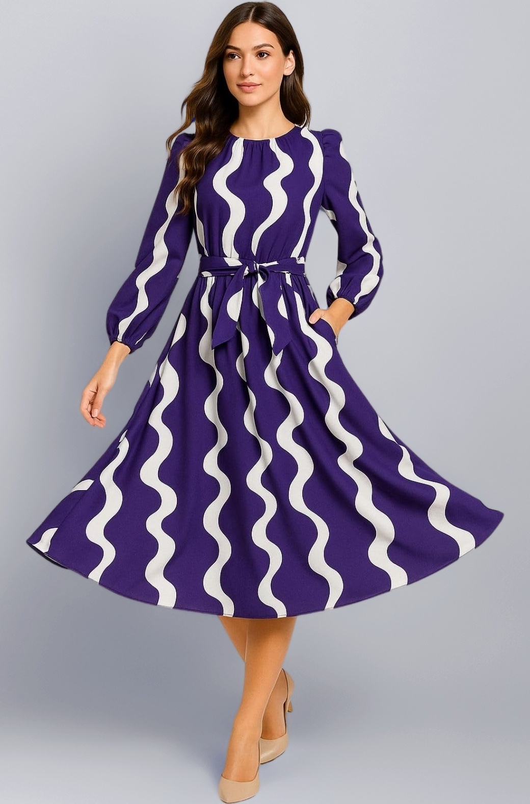 Leriya Fashion Women’s A-Line Midi Dress | Long Sleeve Belted Fit and Flare Gown | Elegant Printed Casual Outfit