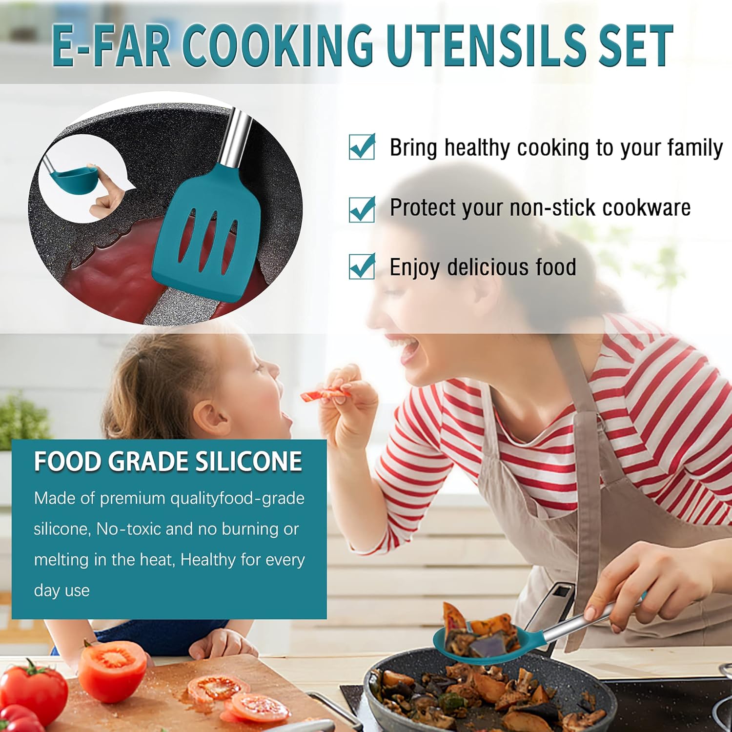 Silicone Cooking Utensils Set, E-far 14-Piece Blue Kitchen Utensils Set with Holder, Kitchen Tools Spatulas with Stainless Steel Handle for Non-stick Cookware, Heat Resistant & Dishwasher safe