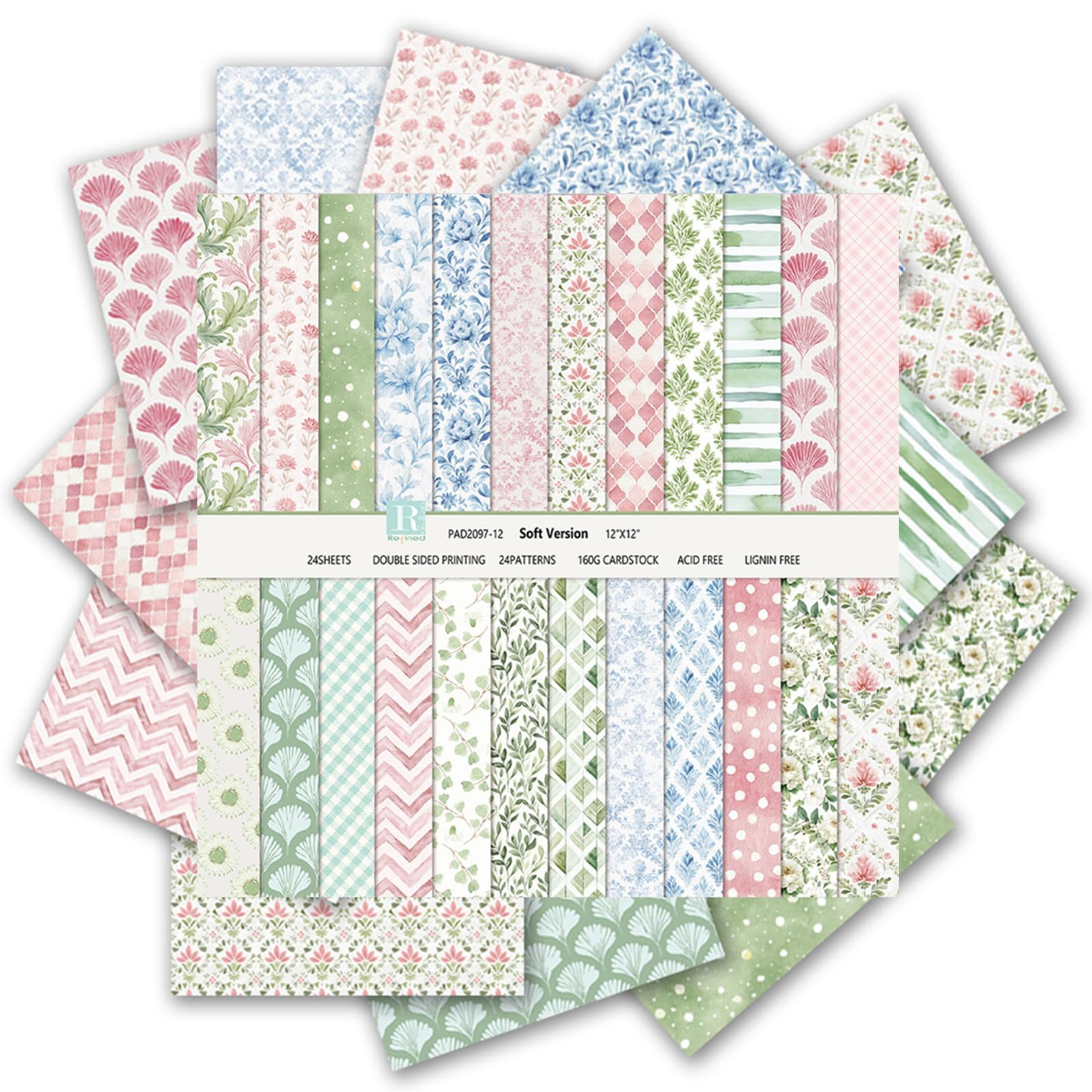 MerwDeeyt 24 Sheet 12x12 Inch Flower Scrapbook Paper 160gsm Double-Sided