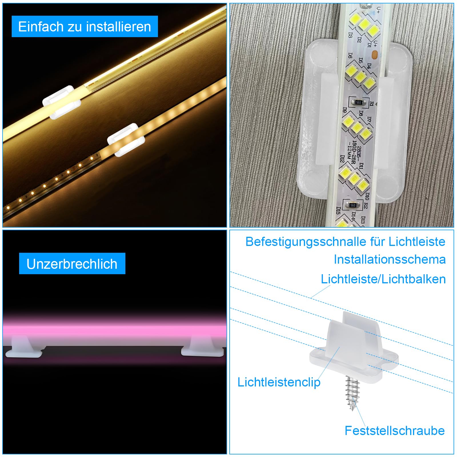 50 Stück Wasserdichte LED Streifen Clips - Transparent, Für 12-14 Mm Breite Streifen, Mit Schrauben