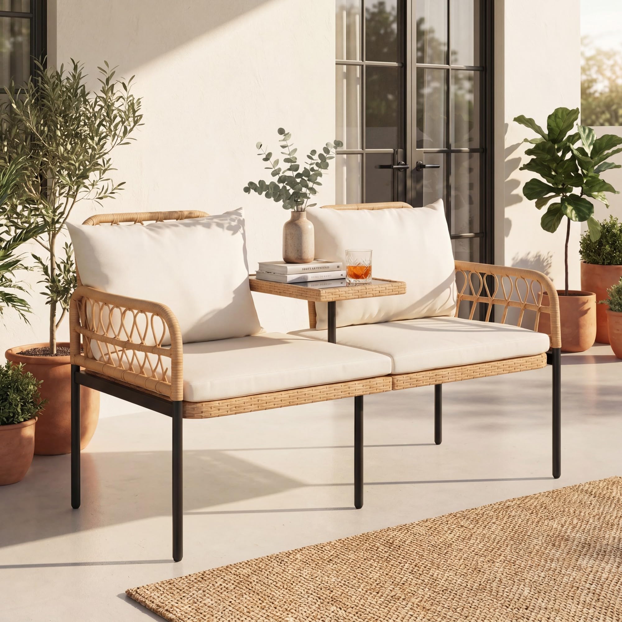 SOARS Divanetto da Giardino in Rattan PE, Panca a 2 Posti con Tavolino in Vetro Temperato, Divano con Cuscini Imbottiti, Schienale e Braccioli, per Balcone, Terrezza, Max 150 KG, 137 X 64,5 X 84 CM | Panca da Giardino con Cuscini Sfoderabili, Divano 2 Pos