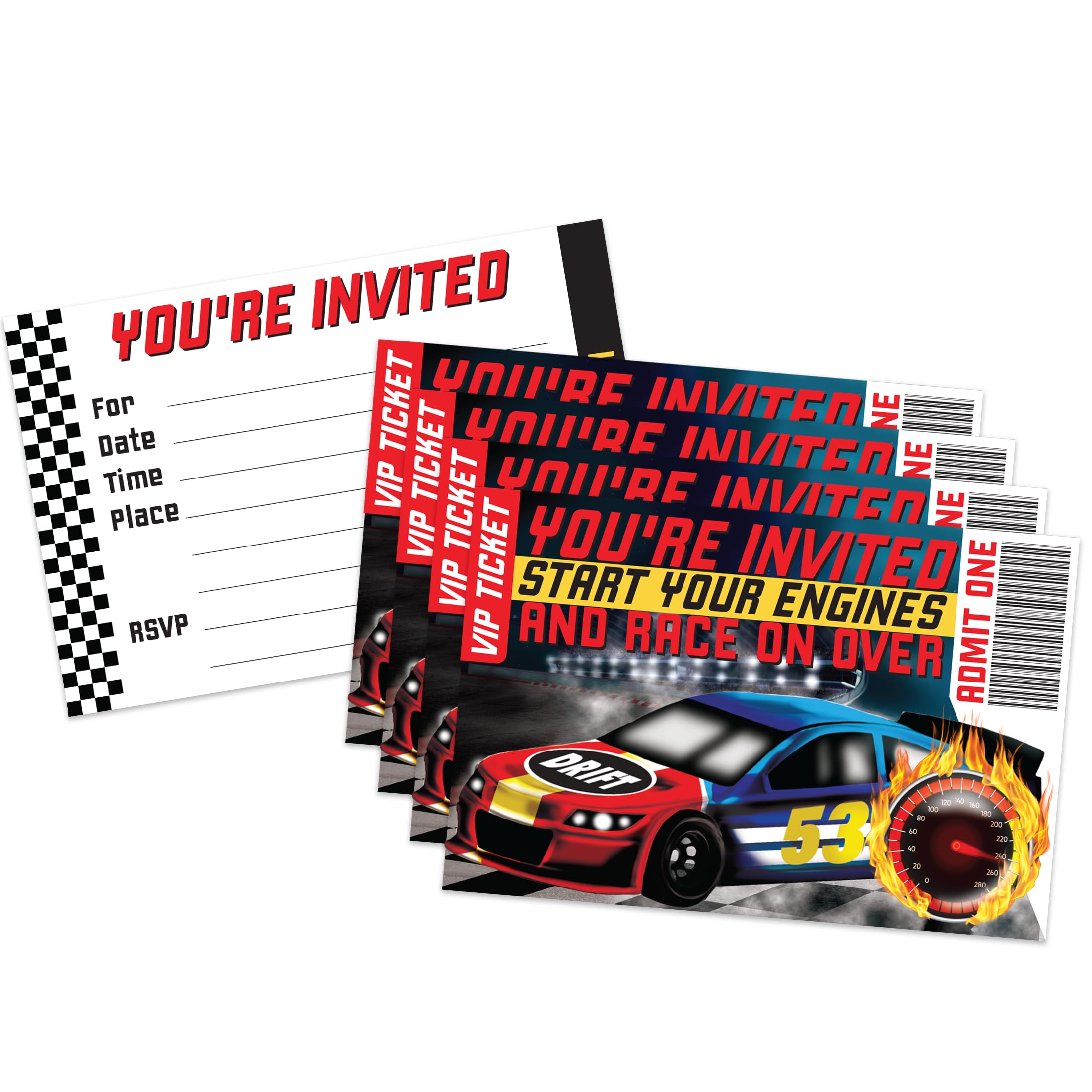 Start Your Engines Race Car Racing Racecar Birthday Party Invites For Boys Kids - 20 Count of 4 x 6 Inch Double Sided Fill-In Invitations With Wet To Seal Envelopes