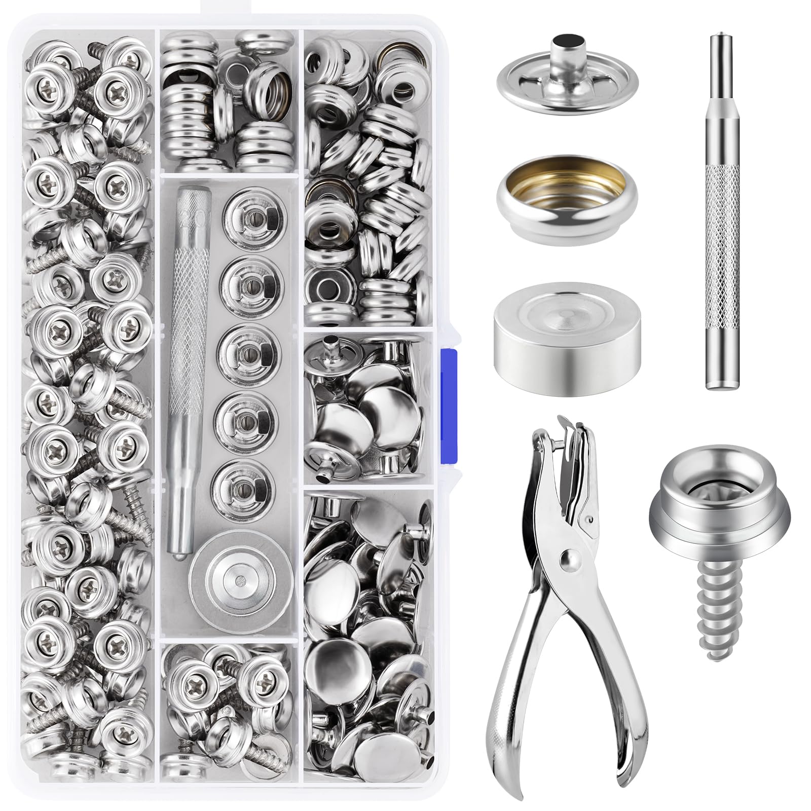 Hicdaw 150 PCS Canvas Snap Kit with 2 Pcs Setting Tool, Marine Grade Stainless Steel 3/8" Socket Canvas Snap Button Fastener Kit, Snap Fastener Kit for Boat Cover Furniture(Silver)