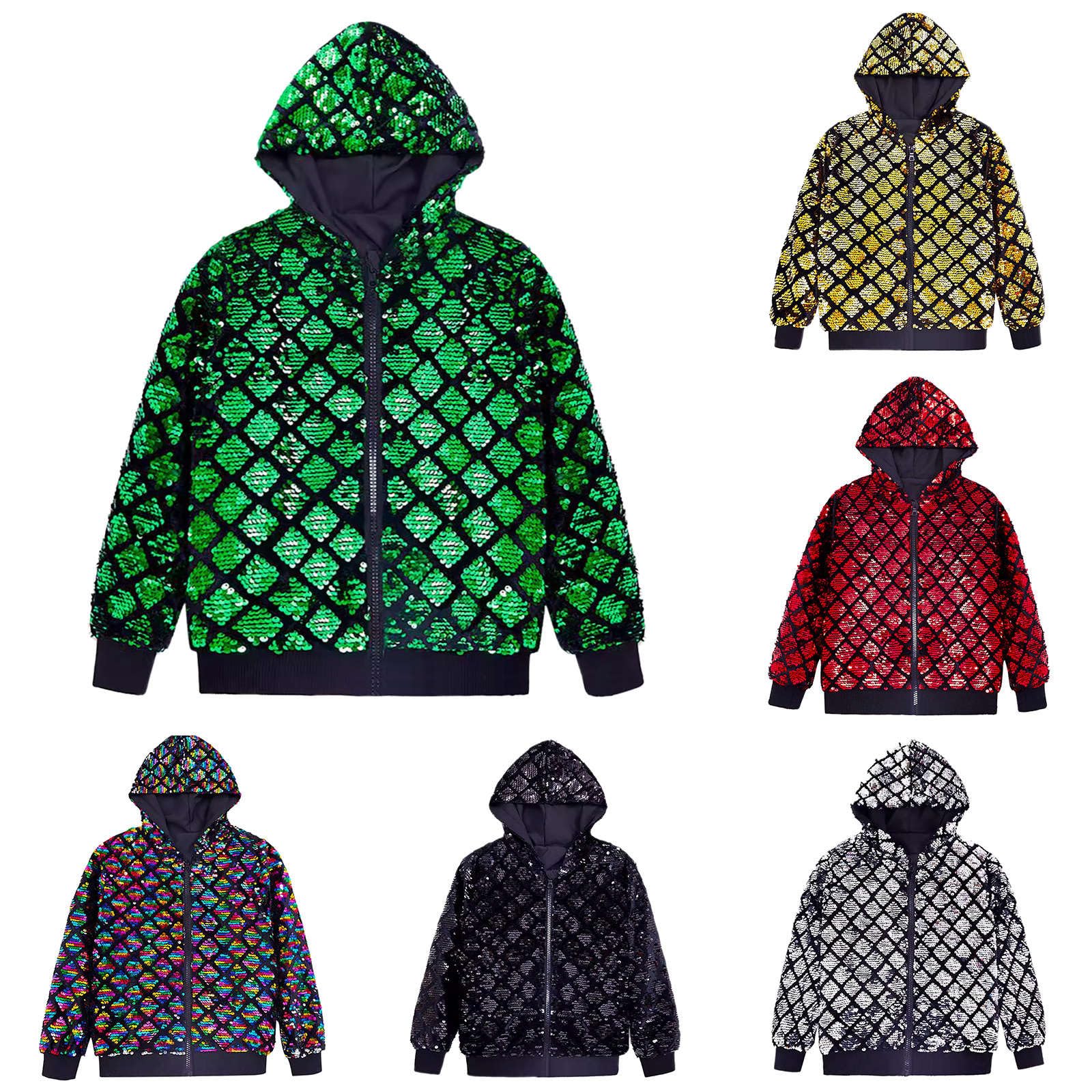 Herren Paillettenjacken Glitzernd Winterjacke mit Kapuz Party Outwear mit Reißverschluss Langarm Party Blazer Karneval Glitzer Jacke Einfarbig Blazermantel Streetwear Sakko