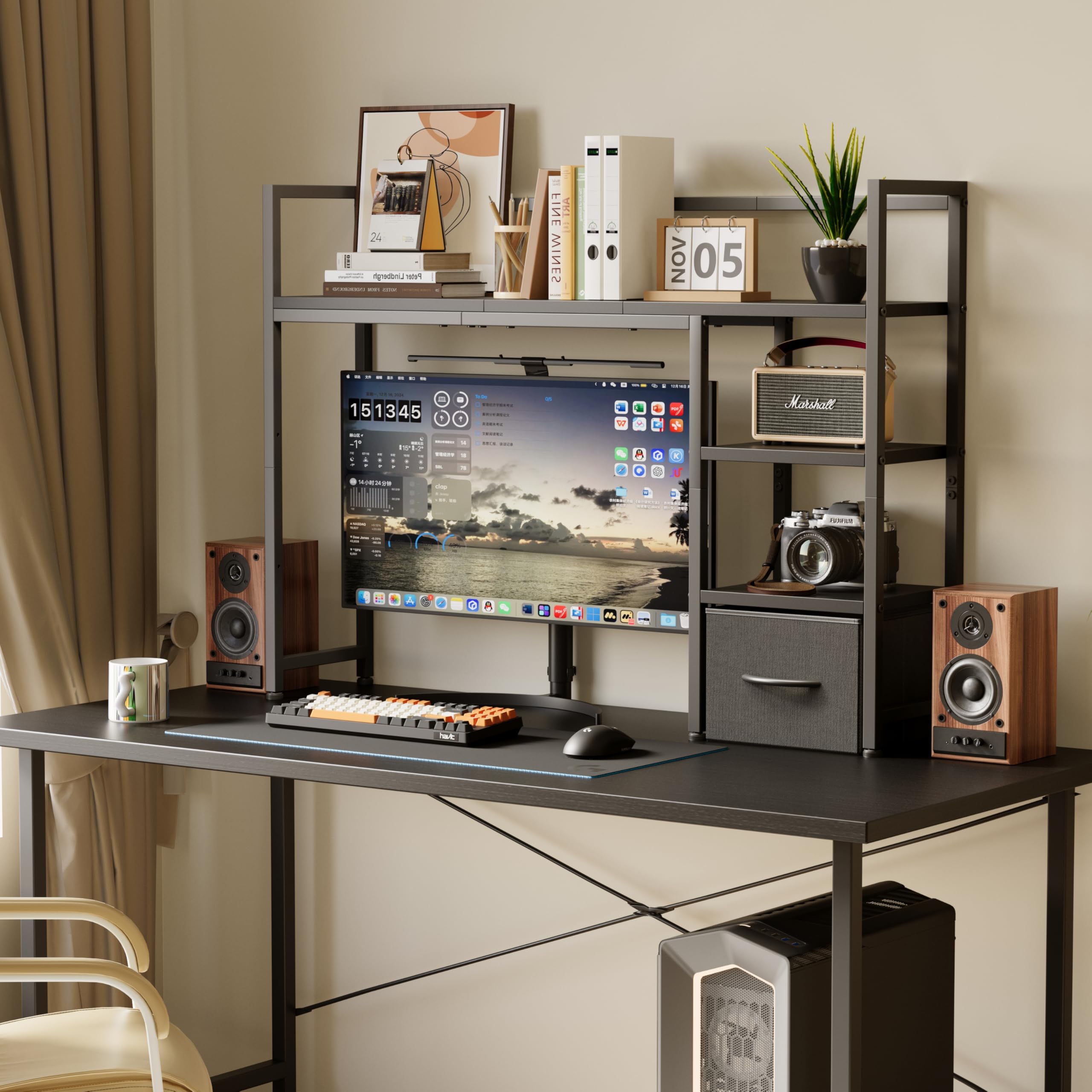 MUTUN Schreibtisch Regal, 41,3" Desktop Organizer Regal, Schreibtisch Hutch für Computer-Monitor, 4 Tier Desktop Display Rack, Holz Desktop Bücherregal Storage Rack für Home Office Dorm, Schwarz